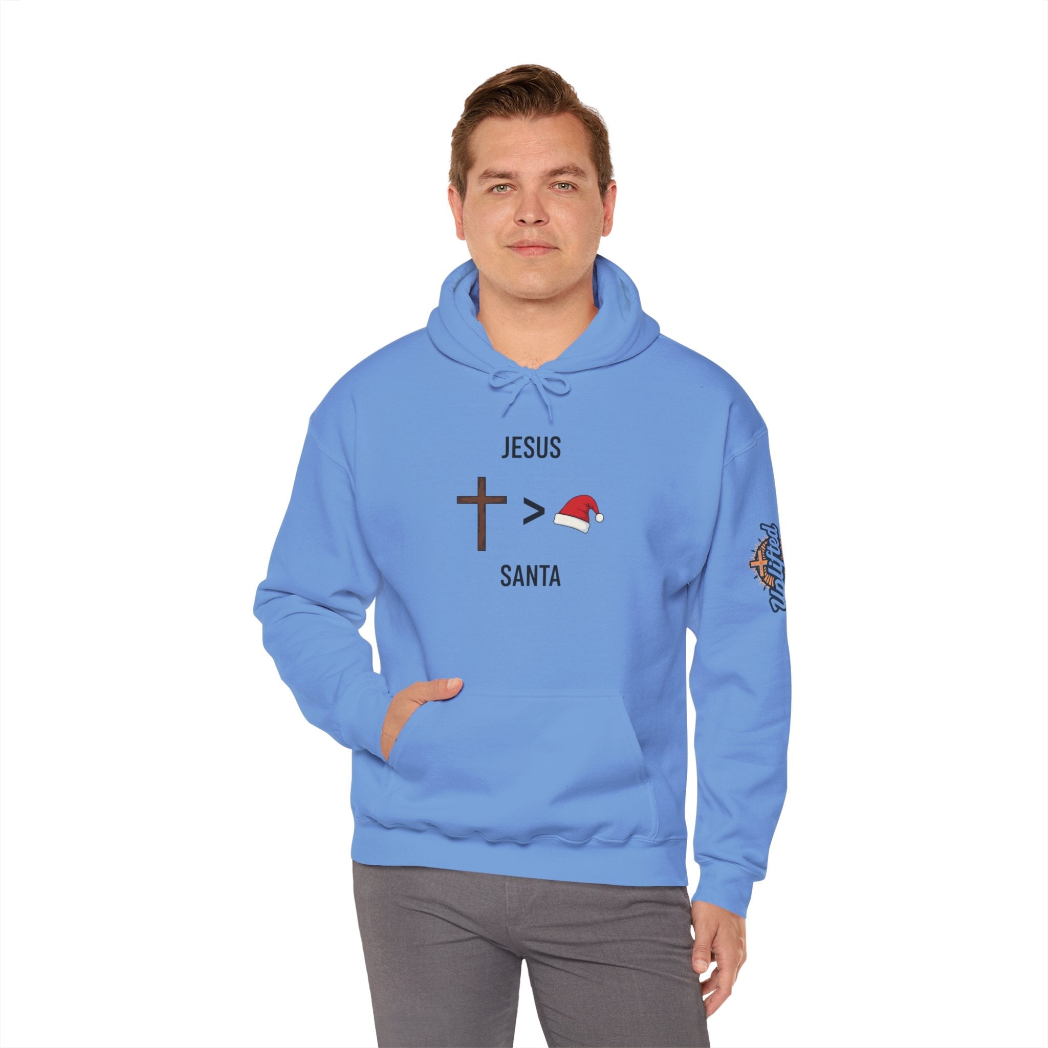 🎄 Jesus > Santa – Minimalist Christian Christmas Hoodie | Bold Faith Over Holiday Tee | Cross vs Santa Hat Design | Uplifted Gear Printify