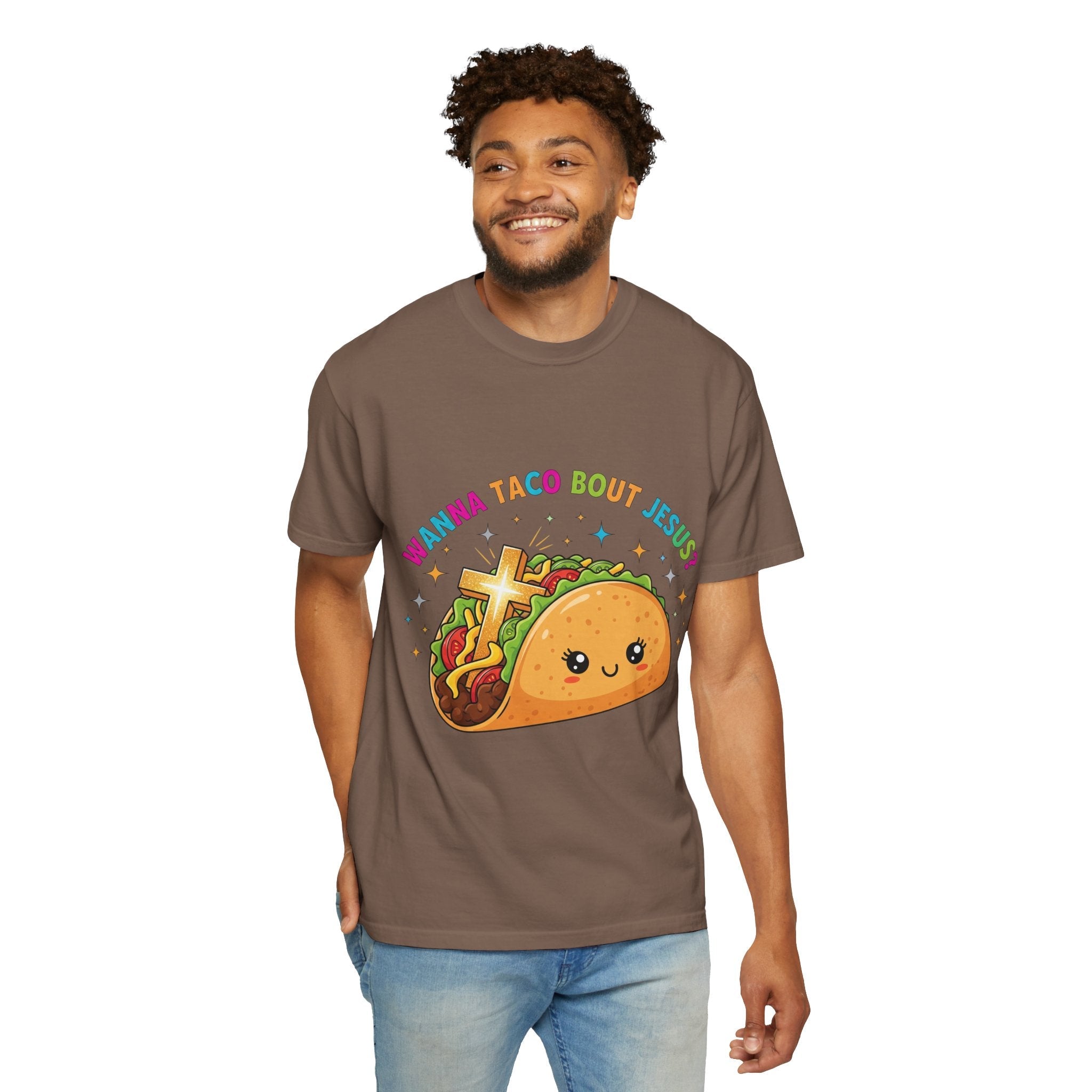 Wanna Taco 'Bout Jesus? Funny Christian Pun T-Shirt – Lettuce Pray & Share Faith! Printify