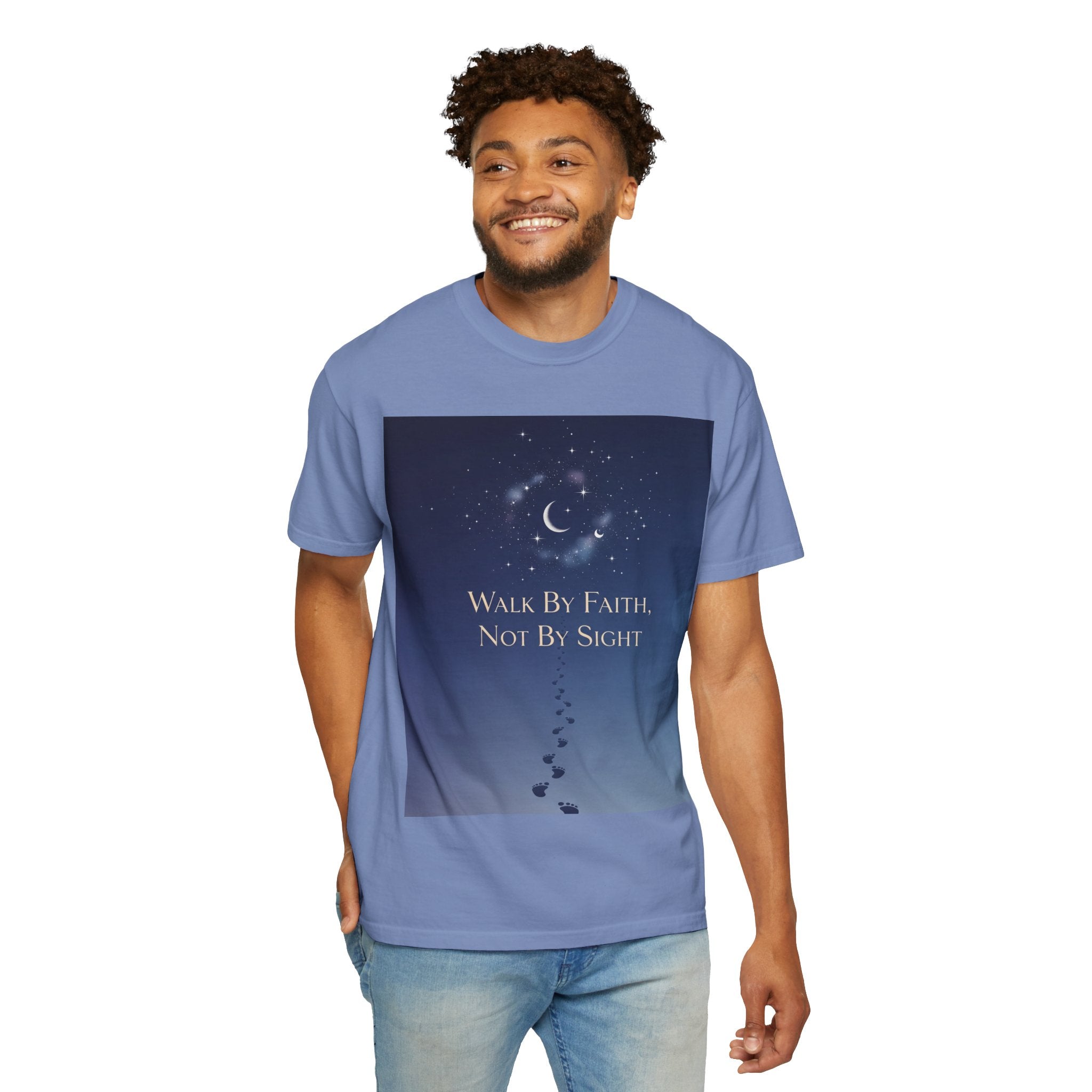 Walk by Faith, Not by Sight T-Shirt – Footprints in the Sand Christian Moonlit Tee Printify