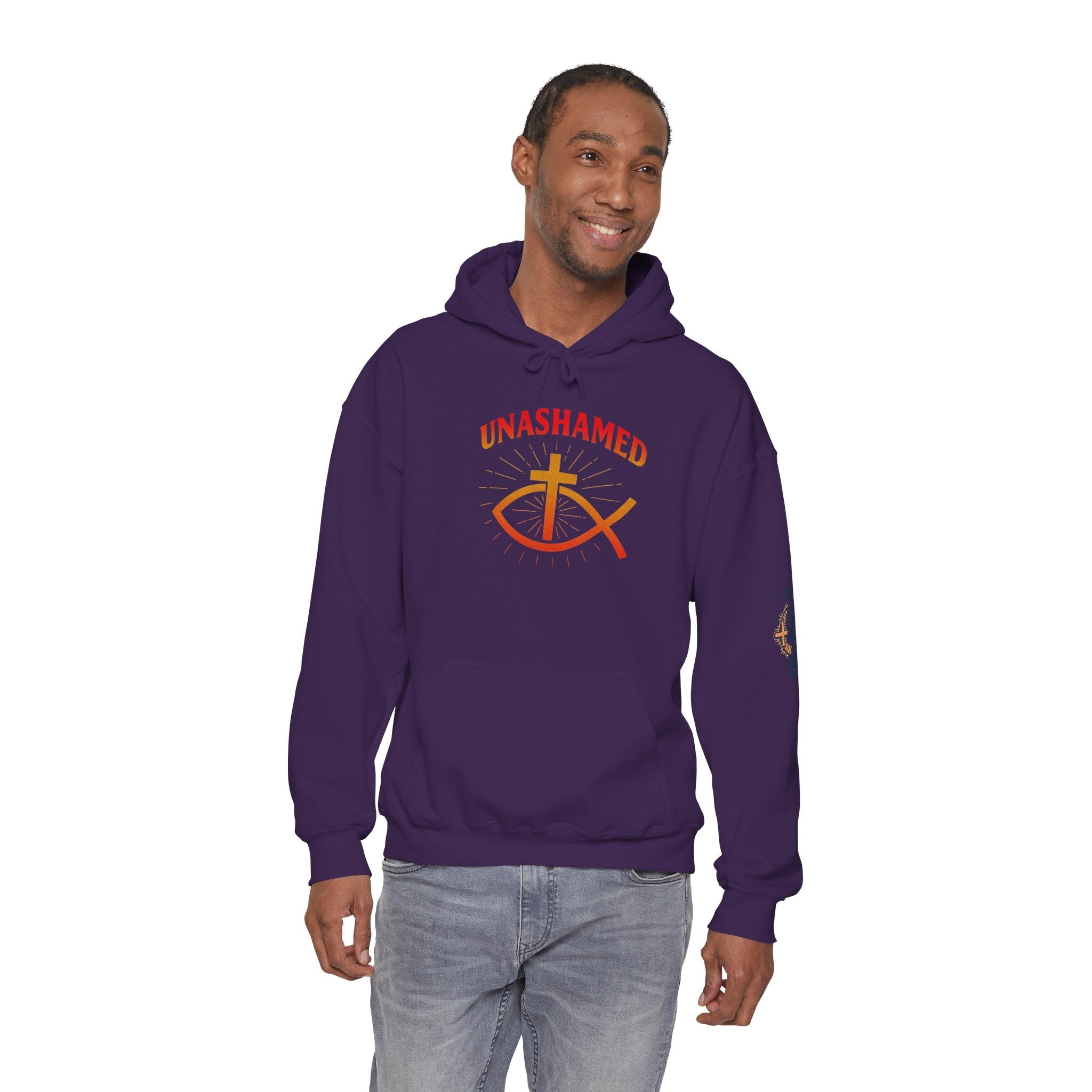Unashamed Hoodie – Ichthys Jesus Fish & Cross Christian Sweatshirt for Romans 1:16 Bold Faith Printify