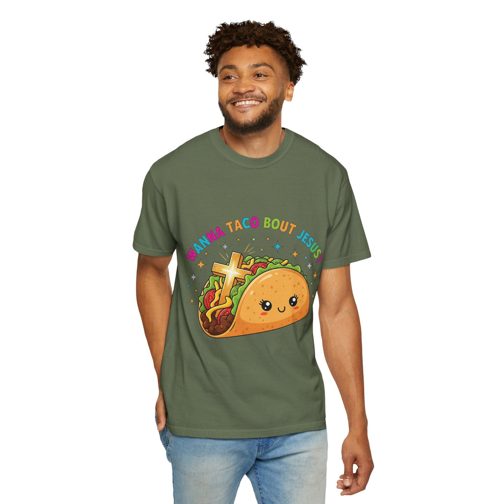 Wanna Taco 'Bout Jesus? Funny Christian Pun T-Shirt – Lettuce Pray & Share Faith! Printify