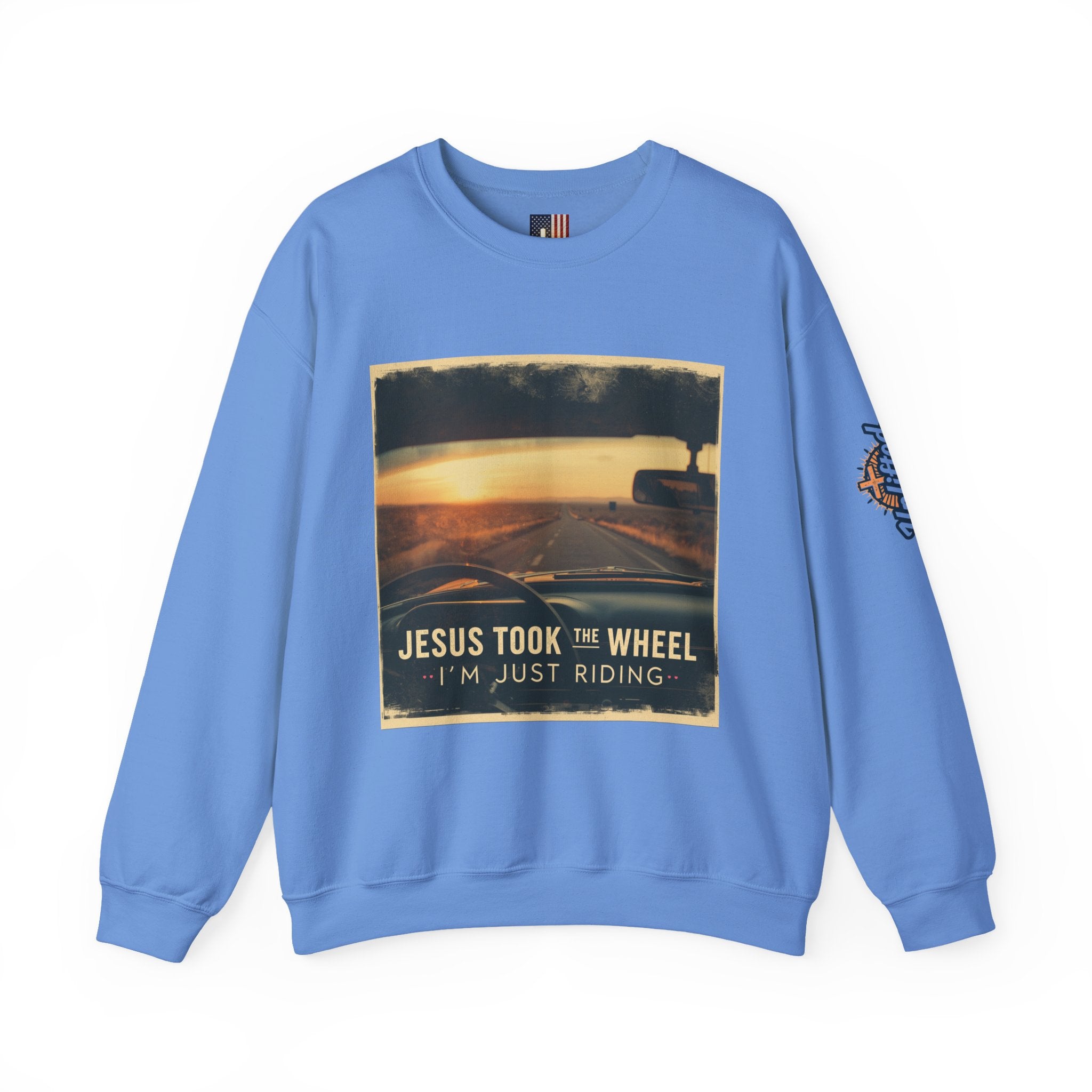 Jesus Took the Wheel I'm Just Riding Sweatshirt – Funny Christian Convertible Car Sweatshirt for Surrendered Faith & Humor Printify