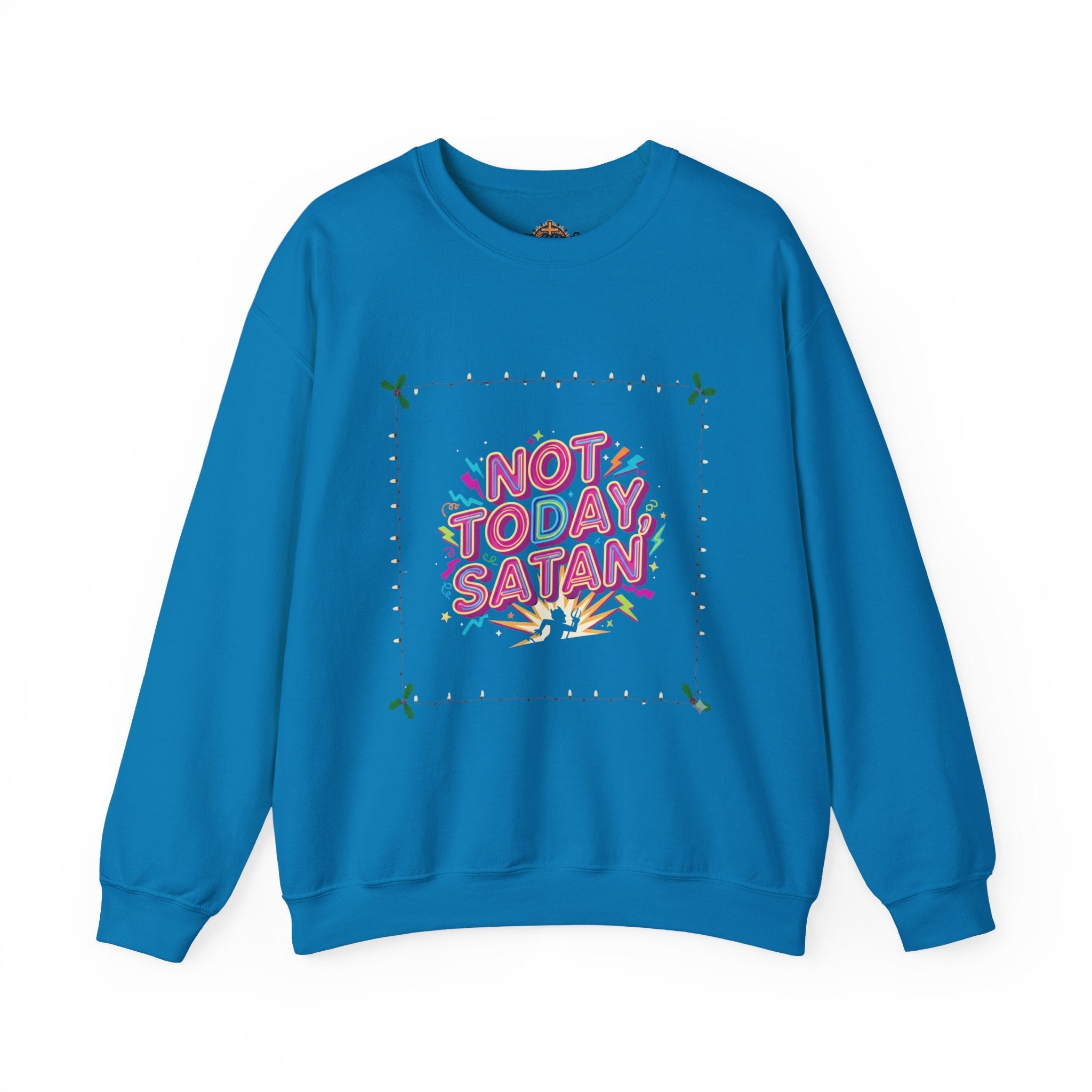 🔥 Not Today, Satan – Retro 90s Christian Sweatshirt | Neon Faith Tee | Funky Cartoon Devil | Bold Bible Verse Shirt | Uplifted Gear Printify