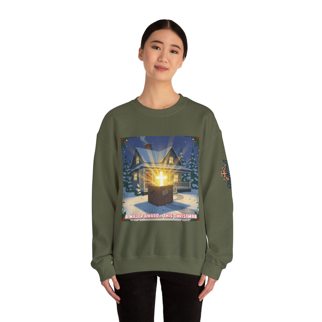 A Major Award This Christmas Sweatshirt – Fragile Leg Lamp Parody Cross Unboxing Christian Sweatshirt for Hilarious Faith & Holiday Glow Printify
