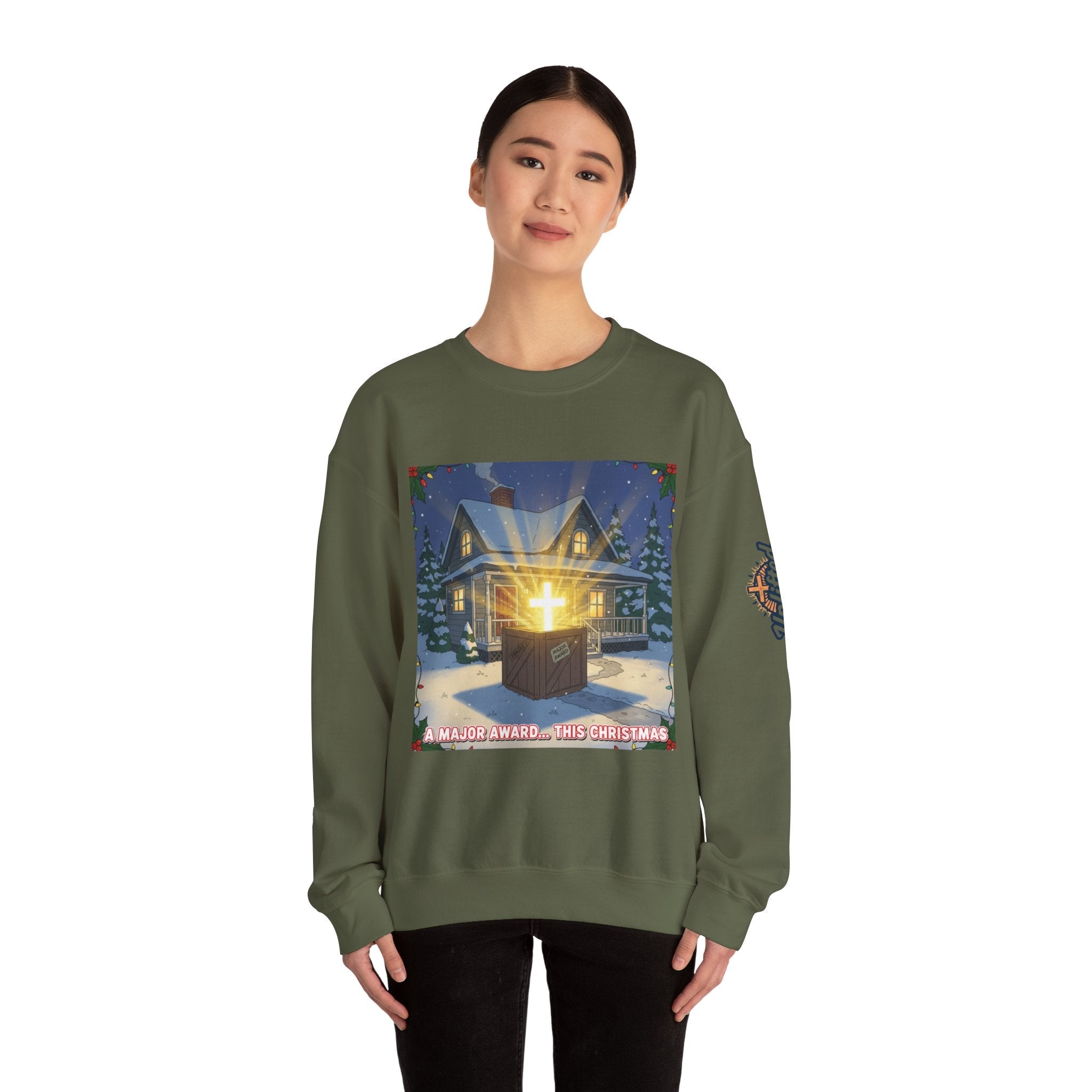 A Major Award This Christmas Sweatshirt – Fragile Leg Lamp Parody Cross Unboxing Christian Sweatshirt for Hilarious Faith & Holiday Glow Printify