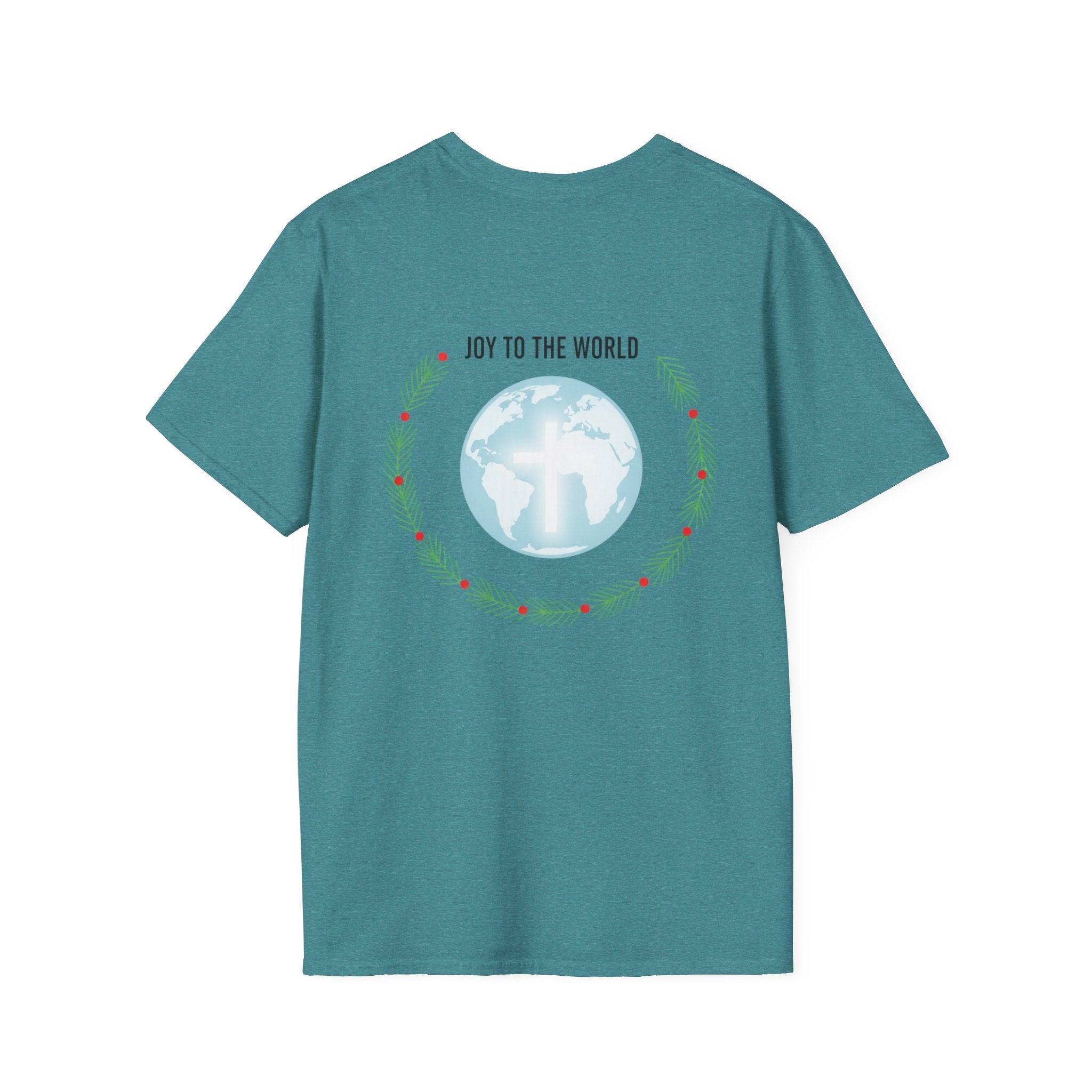 Joy to the World T-shirt – Wreath Earth Nativity Christian Christmas T-shirt for Isaiah 9:6 Holiday Faith & Festive Joy Printify
