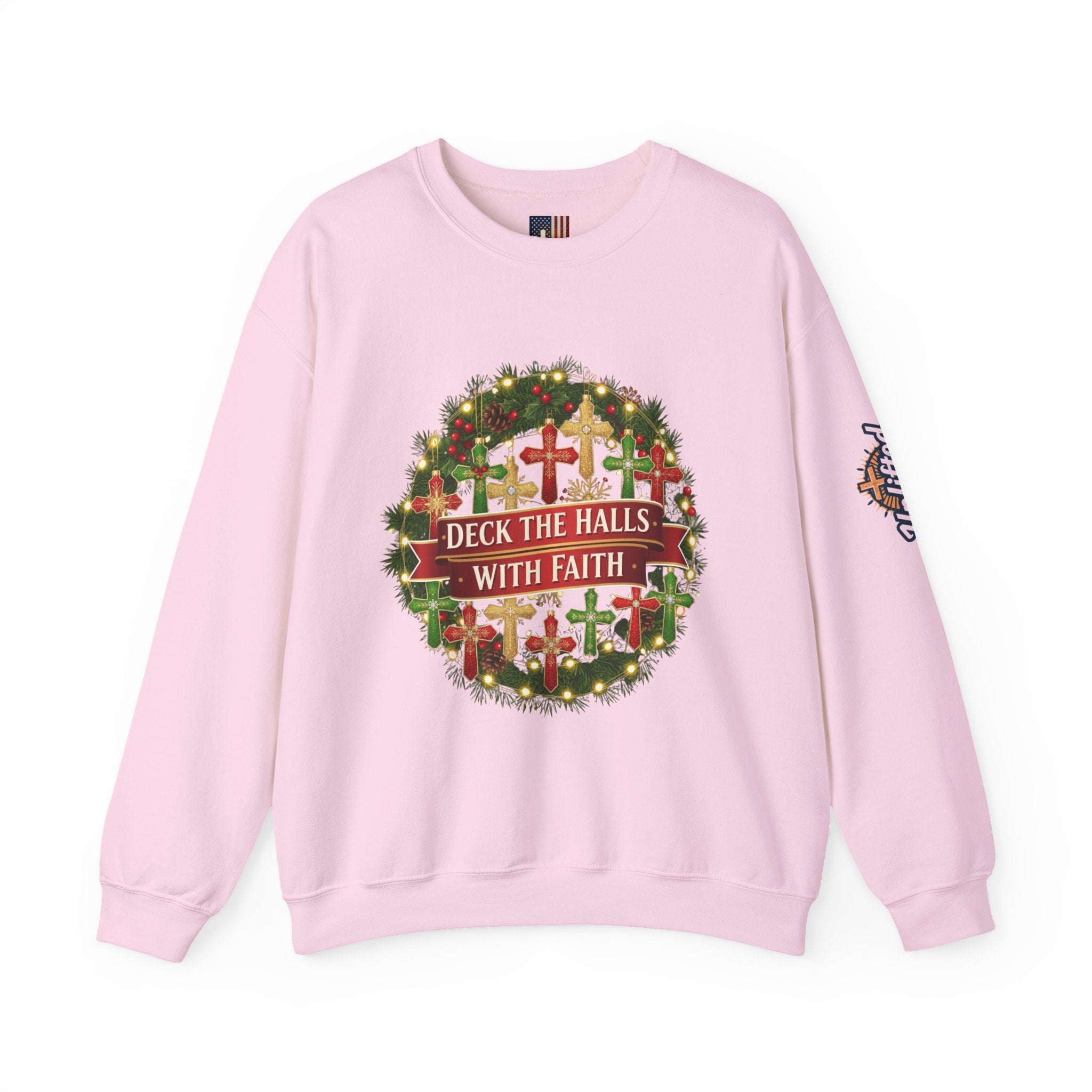 🎄 Deck the Halls with Faith – Christian Christmas Sweatshirt | Cross Ornament Design & Festive Garland | Bold Holiday Faith Tee by Uplifted Gear Printify