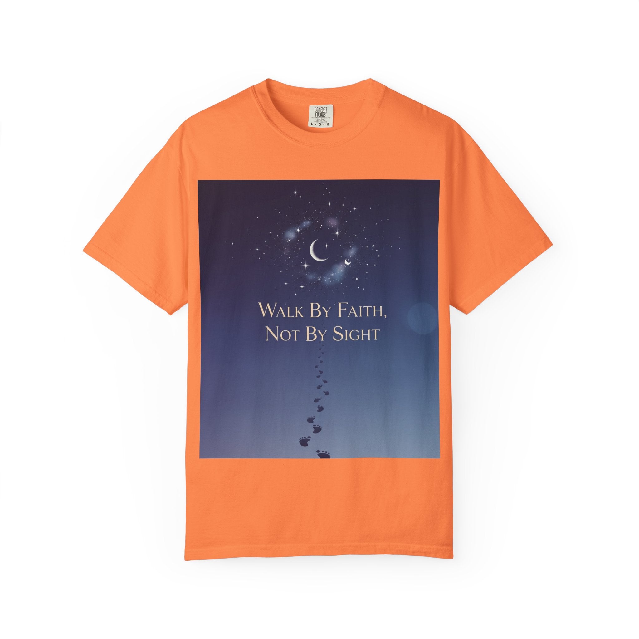 Walk by Faith, Not by Sight T-Shirt – Footprints in the Sand Christian Moonlit Tee Printify