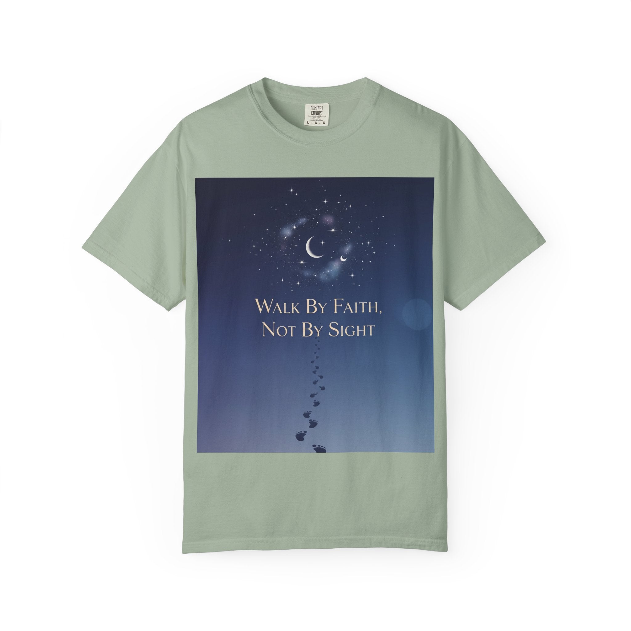 Walk by Faith, Not by Sight T-Shirt – Footprints in the Sand Christian Moonlit Tee Printify
