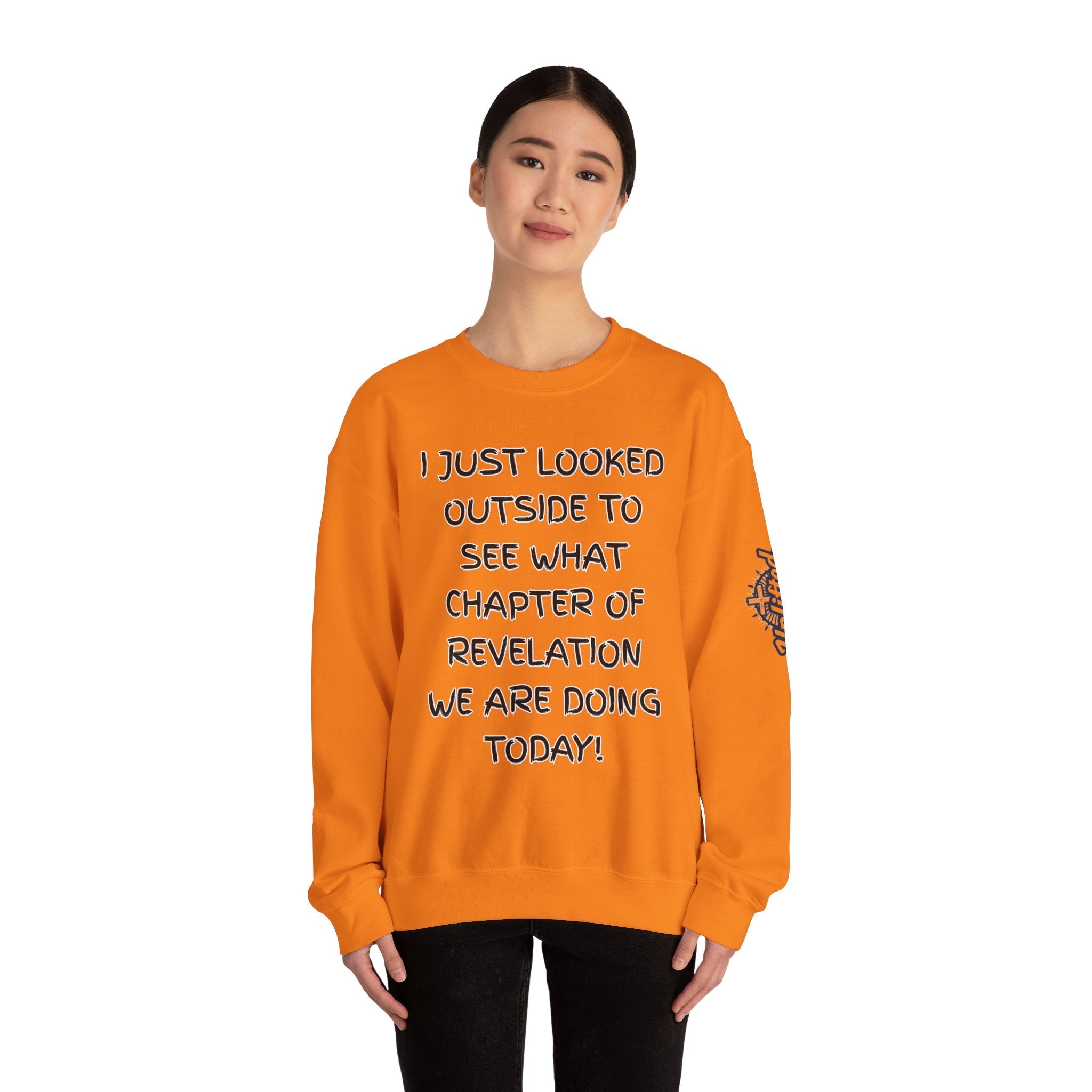 What Chapter of Revelation Sweatshirt – I Looked Outside My Window Christian Sweatshirt for End Times Humor & Faith Printify