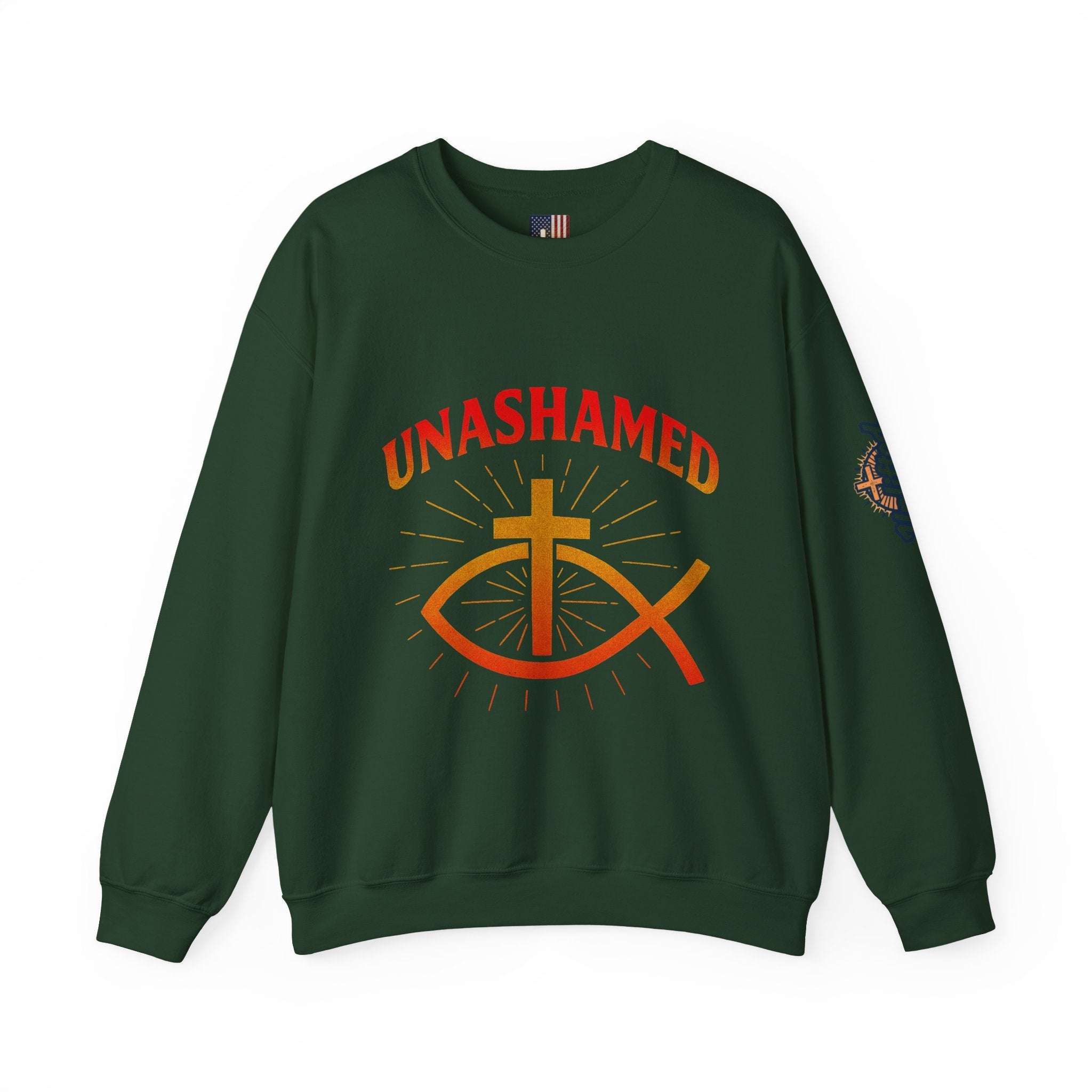 Unashamed Sweatshirt – Ichthys Jesus Fish & Cross Christian Sweatshirt for Romans 1:16 Bold Faith Printify