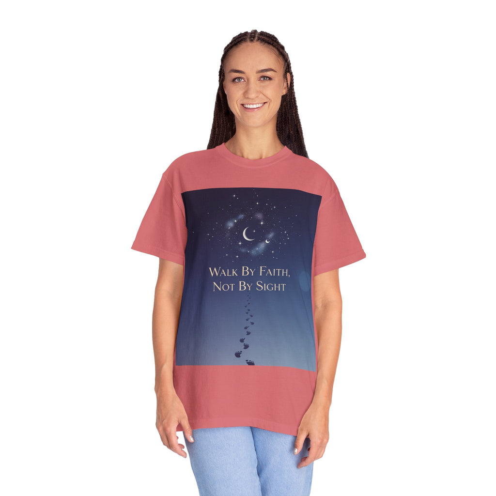 Walk by Faith, Not by Sight T-Shirt – Footprints in the Sand Christian Moonlit Tee Printify