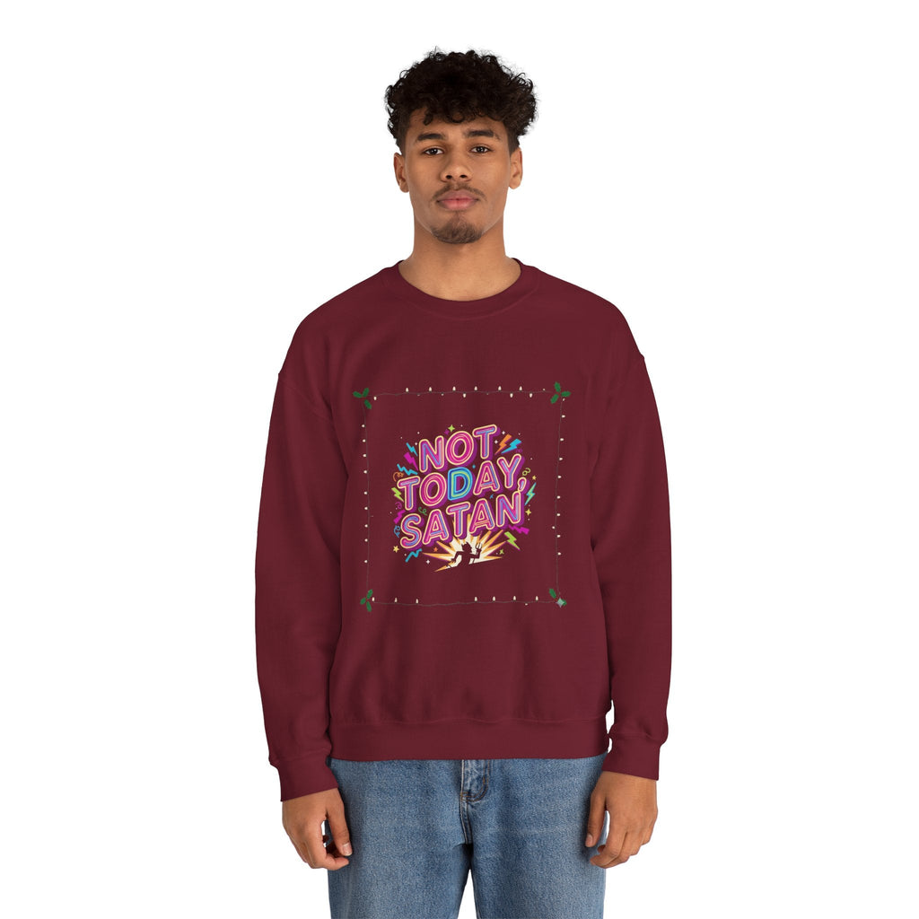 🔥 Not Today, Satan – Retro 90s Christian Sweatshirt | Neon Faith Tee | Funky Cartoon Devil | Bold Bible Verse Shirt | Uplifted Gear Printify