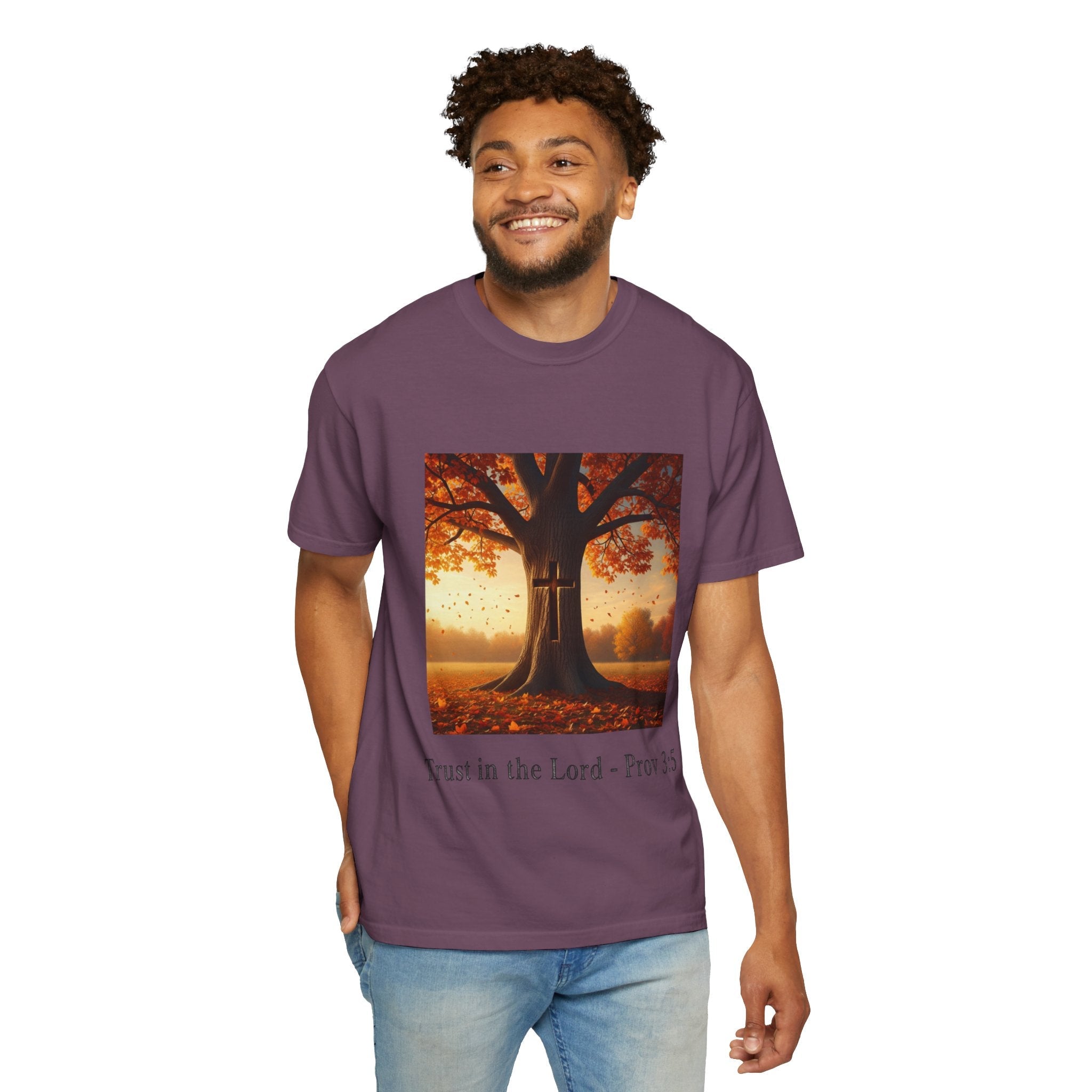 Trust in the Lord T-Shirt – Autumn Tree Christian Tee with Proverbs 3:5 Printify