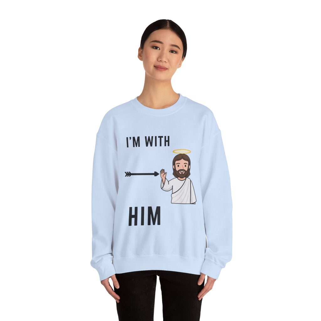 🔥 I’m With Him → Christian Sweatshirt | Arrow Pointing to Jesus | Minimalist Faith Tee | Subtle Cross Design | Bible-Inspired Apparel by Uplifted Gear Printify