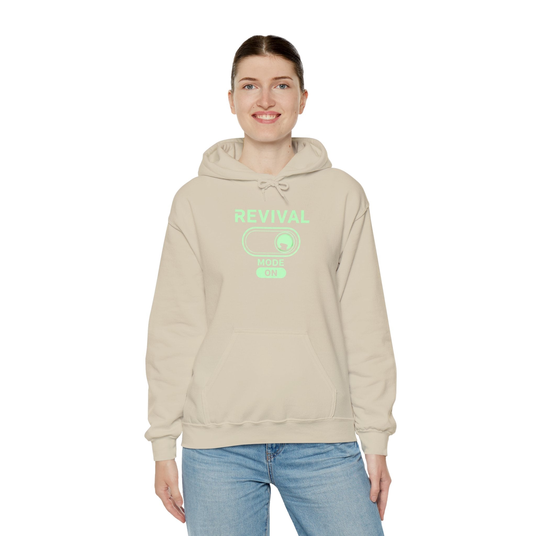 🔥 Revival Mode: ON – Christian Techwear Hoodie | Glowing Green Faith Switch | Futuristic Jesus Shirt | Activate Your Spiritual Awakening | Uplifted Gear Printify