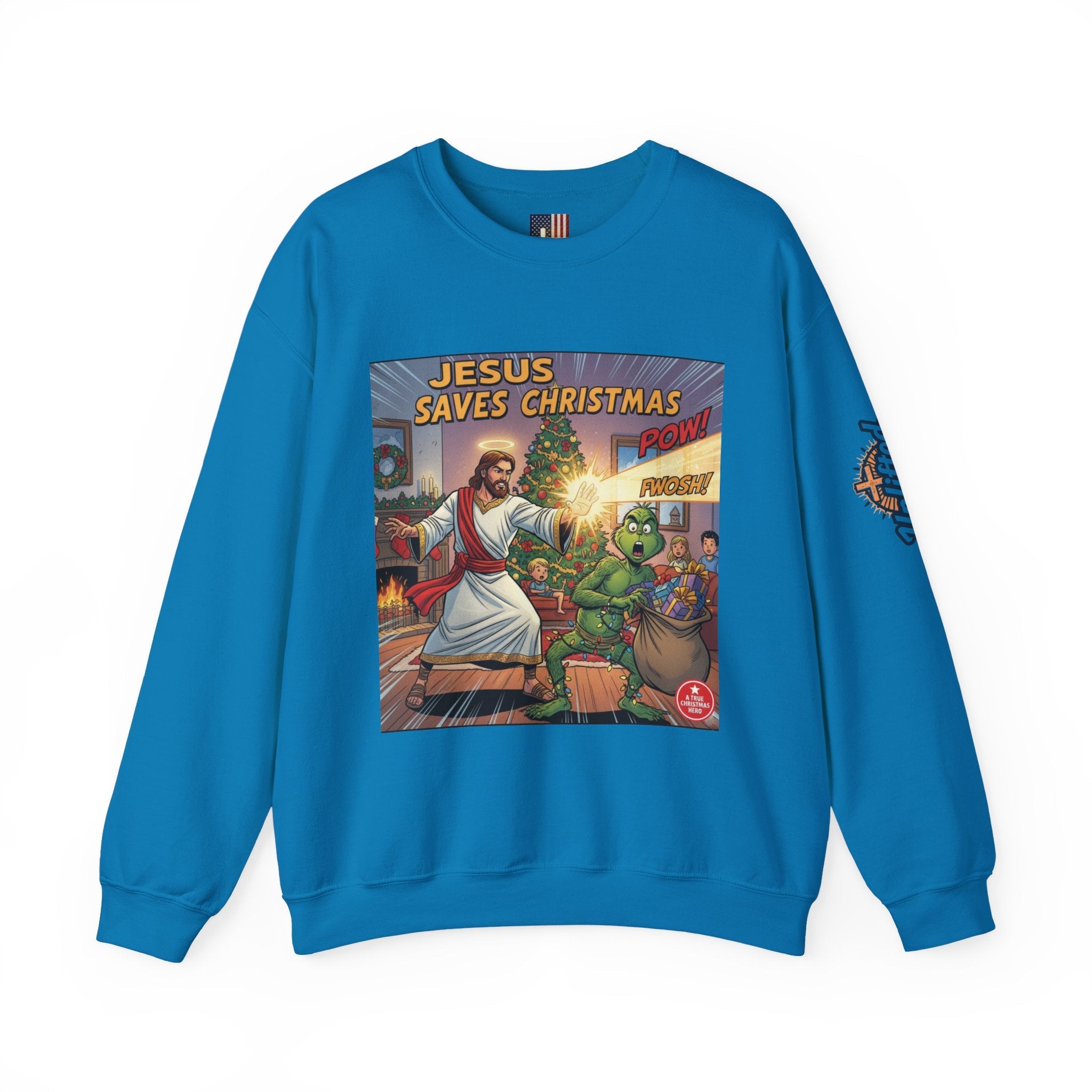 Jesus Saves Christmas Sweatshirt – Grinch vs Savior Light Battle Christian Sweatshirt for Hilarious Holiday Faith & True Joy Printify