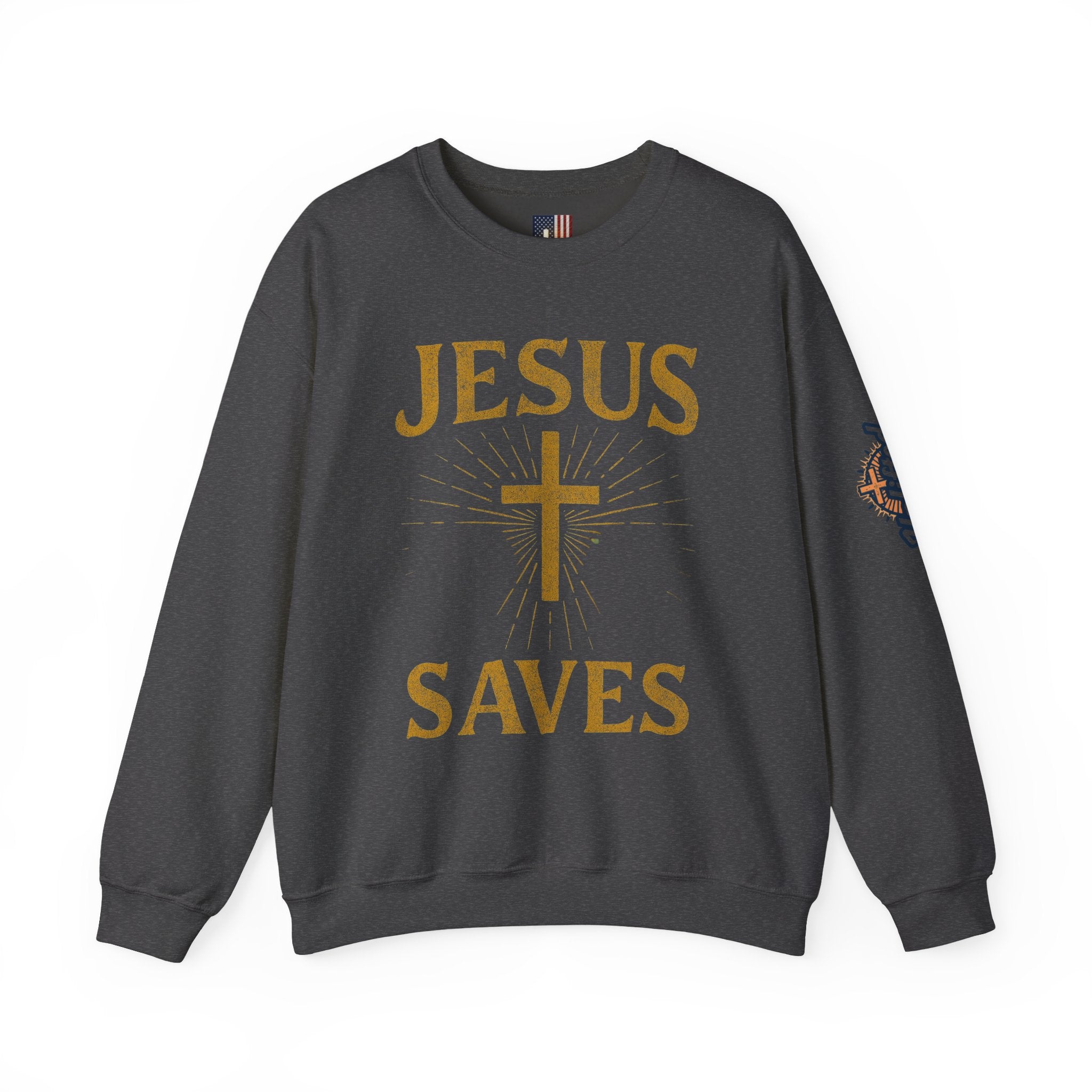 Jesus Saves Sweatshirt – Radiant Cross & Rays of Light Christian Sweatshirt for Eternal Hope & Faith Printify
