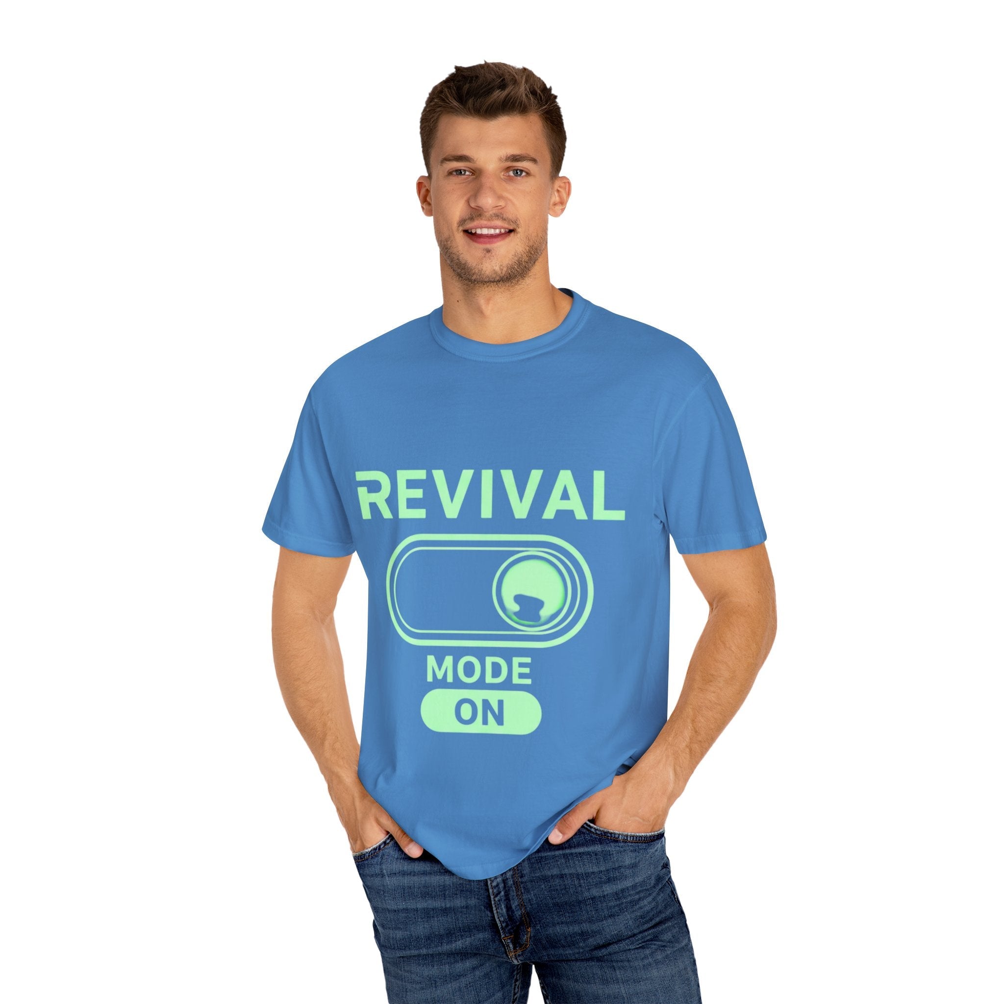 🔥 Revival Mode: ON – Christian Techwear T-Shirt | Glowing Green Faith Switch | Futuristic Jesus Shirt | Activate Your Spiritual Awakening | Uplifted Gear Printify