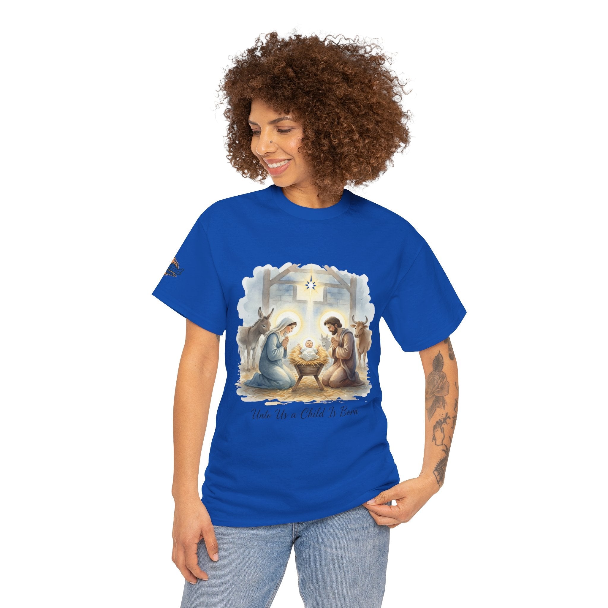 Unto Us a Child is Born T-shirt – Isaiah 9:6 Nativity Manger Scene Christian Christmas T-shirt for Holy Night Faith Printify