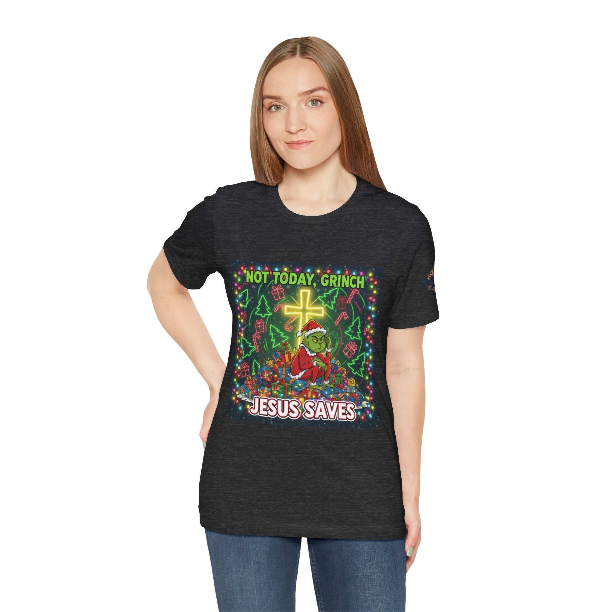 🎄 Not Today, Grinch – Jesus Saves | Funny Christian Christmas T-Shirt | Festive Green & Red Cartoon Style | Bold Faith Holiday Tee by Uplifted Gear Printify