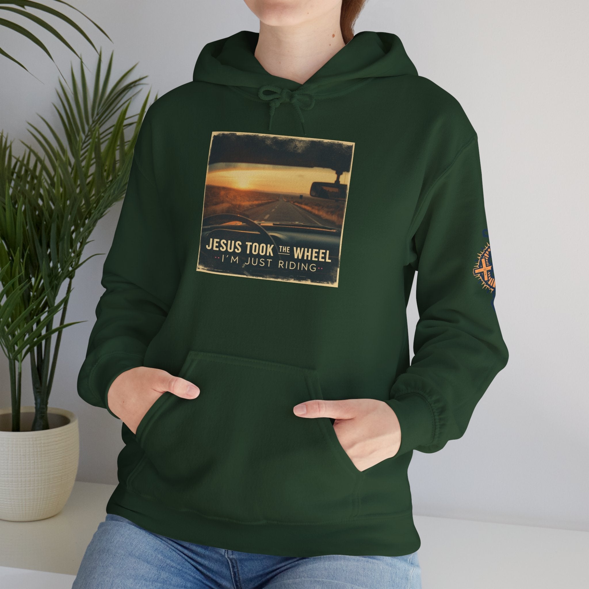 Jesus Took the Wheel I'm Just Riding Hoodie – Funny Christian Convertible Car Sweatshirt for Surrendered Faith & Humor Printify