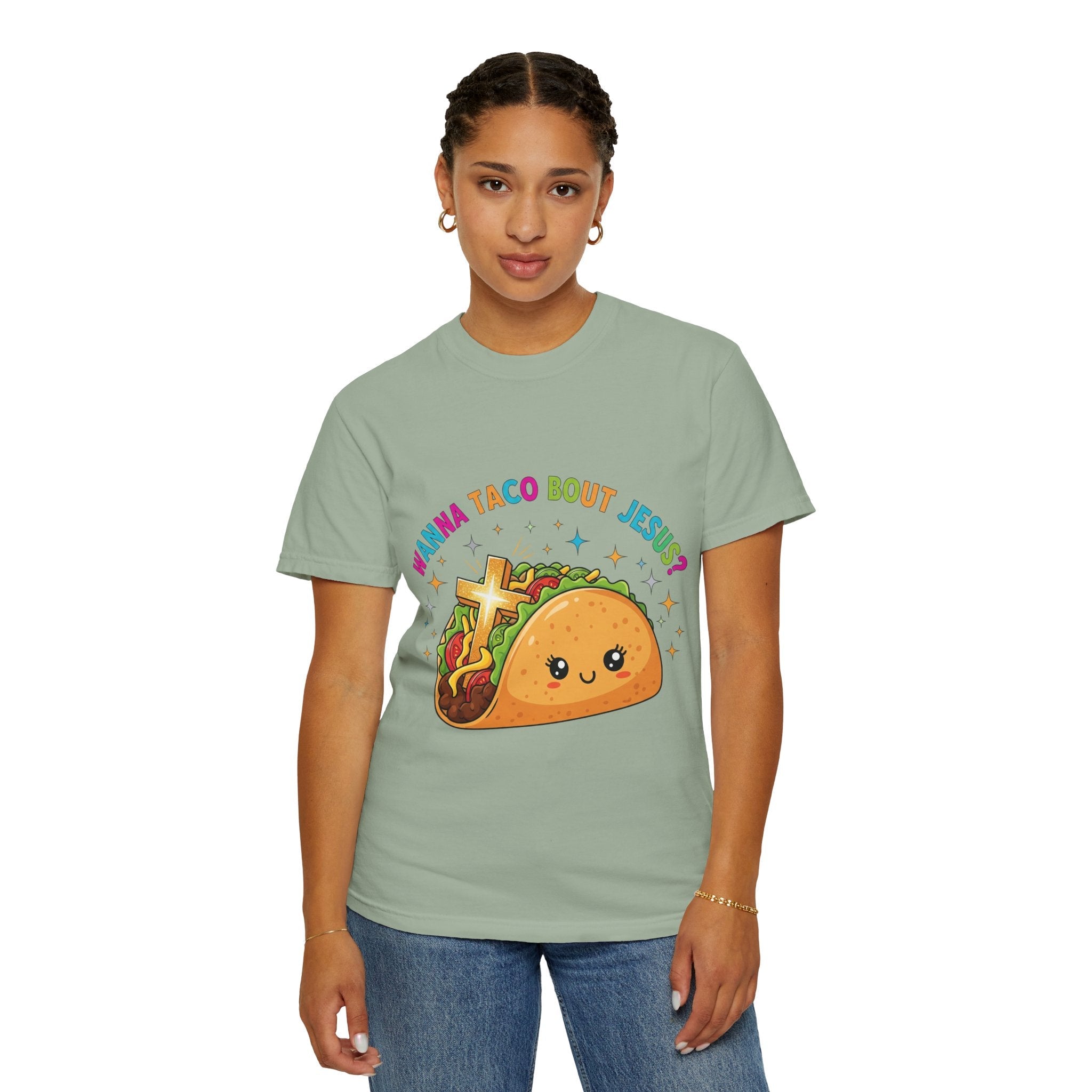 Wanna Taco 'Bout Jesus? Funny Christian Pun T-Shirt – Lettuce Pray & Share Faith! Printify