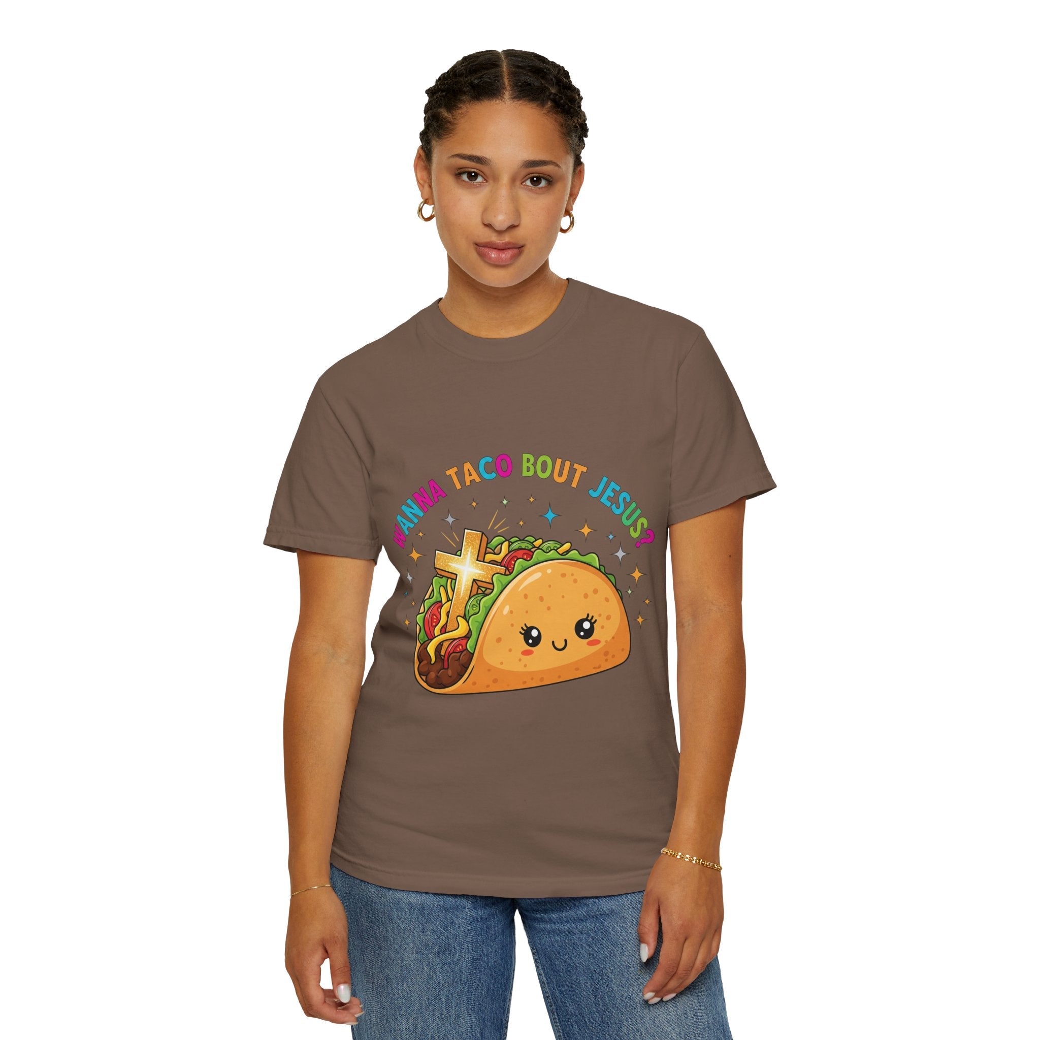 Wanna Taco 'Bout Jesus? Funny Christian Pun T-Shirt – Lettuce Pray & Share Faith! Printify