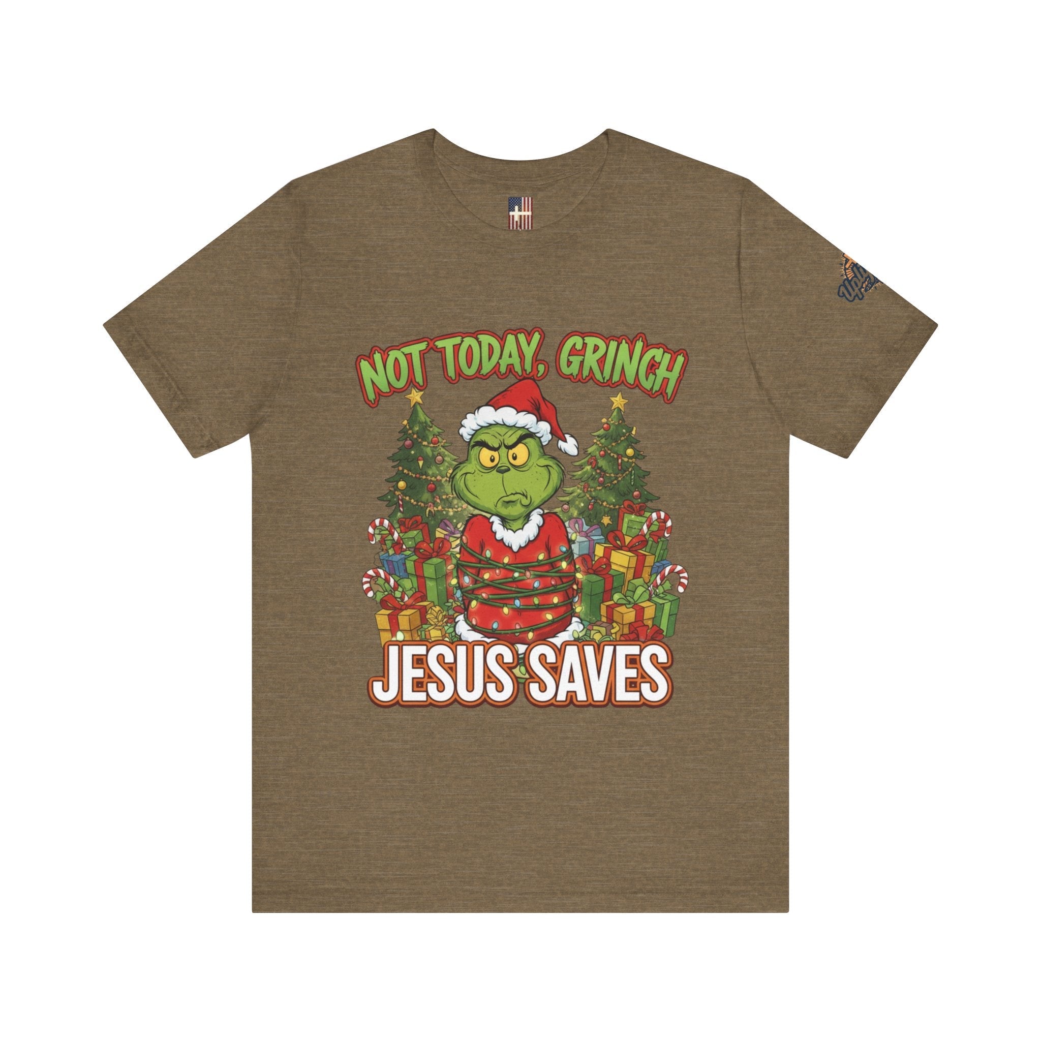🎄 Not Today, Grinch – Jesus Saves | Funny Christian Christmas T-Shirt | Sulking Grinch & Glowing Cross | Bold Neon Faith Tee by Uplifted Gear Printify