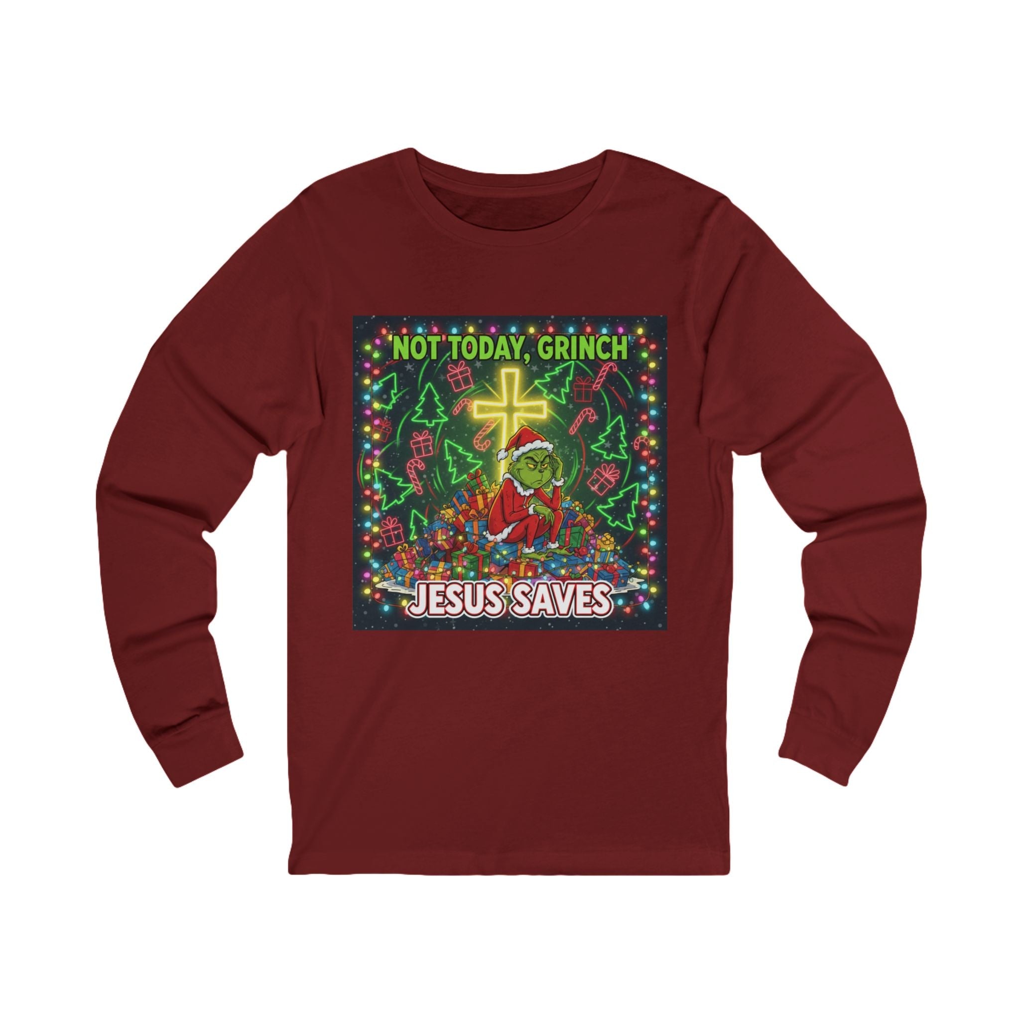 🎄 Not Today, Grinch – Jesus Saves | Funny Christian Christmas Long Sleeve Shirt | Festive Green & Red Cartoon Style | Bold Faith Holiday Tee by Uplifted Gear Printify