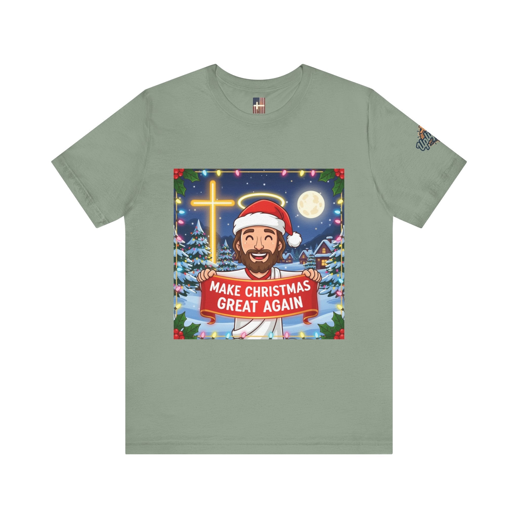 🎄 Make Christmas Great Again – Funny Christian T-Shirt | Jesus Holding Banner | Faith-Based Holiday Parody Tee | Uplifted Gear Printify