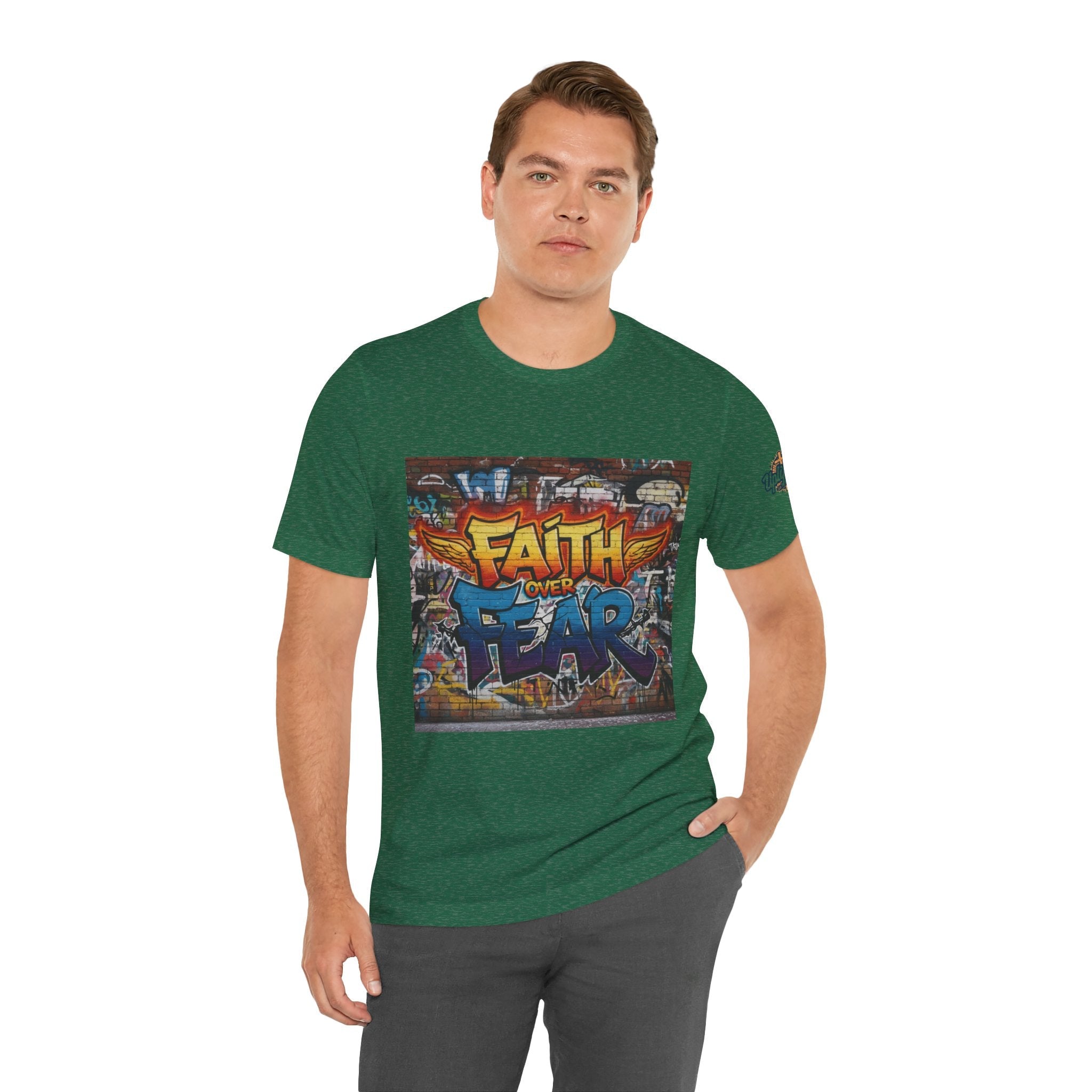 Faith Over Fear T-shirt – Graffiti Wall Christian T-shirt for Bold 2 Corinthians 5:7 Streetwear & Unshakable Faith Printify