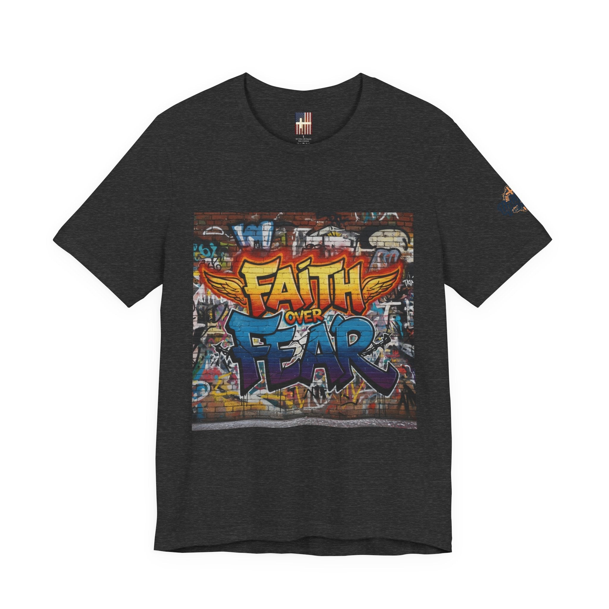 Faith Over Fear T-shirt – Graffiti Wall Christian T-shirt for Bold 2 Corinthians 5:7 Streetwear & Unshakable Faith Printify