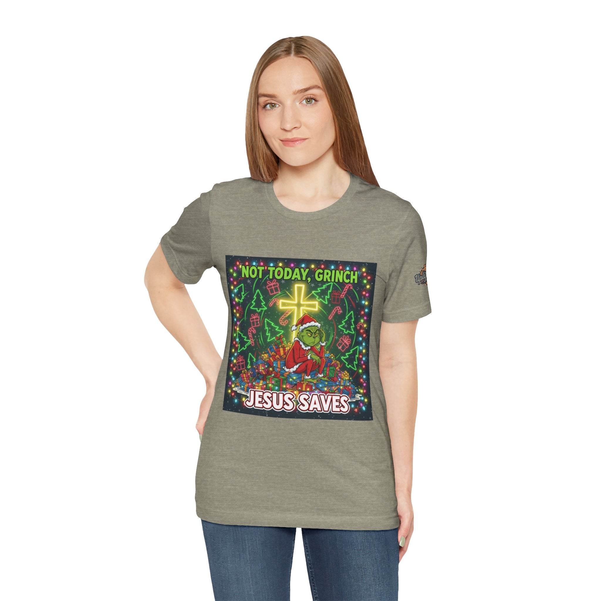 🎄 Not Today, Grinch – Jesus Saves | Funny Christian Christmas T-Shirt | Festive Green & Red Cartoon Style | Bold Faith Holiday Tee by Uplifted Gear Printify