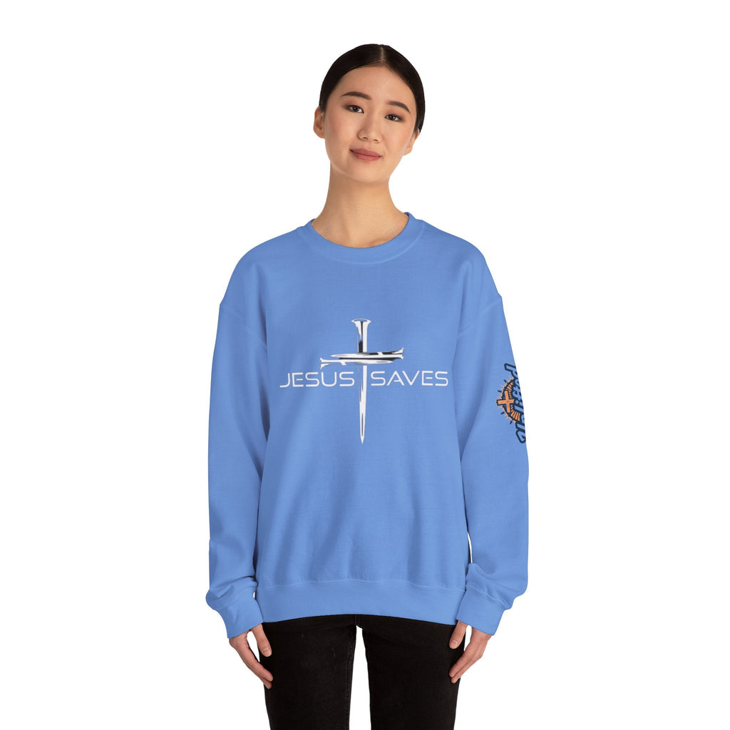 Jesus Saves Sweatshirt – 3 Nails Crucifix Cross Christian Sweatshirt for Redemption Faith & Bold Salvation Printify