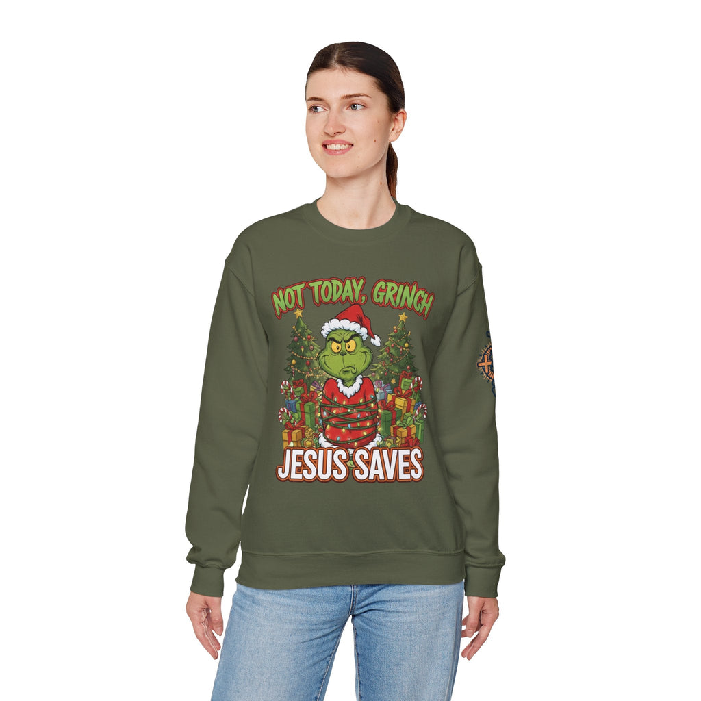 🎄 Not Today, Grinch – Jesus Saves | Funny Christian Christmas Sweatshirt | Sulking Grinch & Glowing Cross | Bold Neon Faith Tee by Uplifted Gear Printify