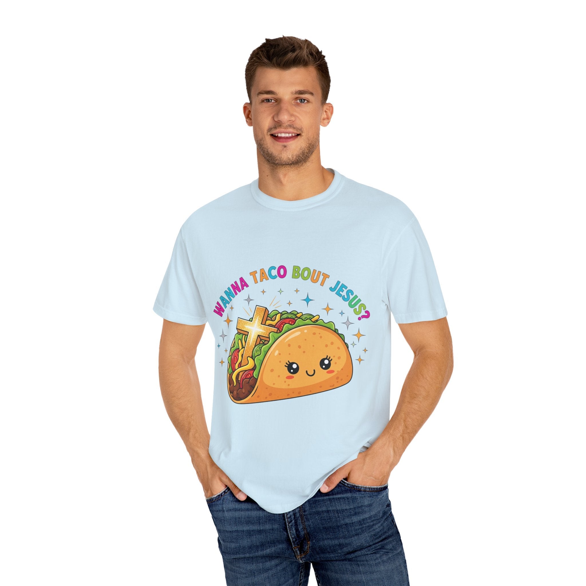Wanna Taco 'Bout Jesus? Funny Christian Pun T-Shirt – Lettuce Pray & Share Faith! Printify