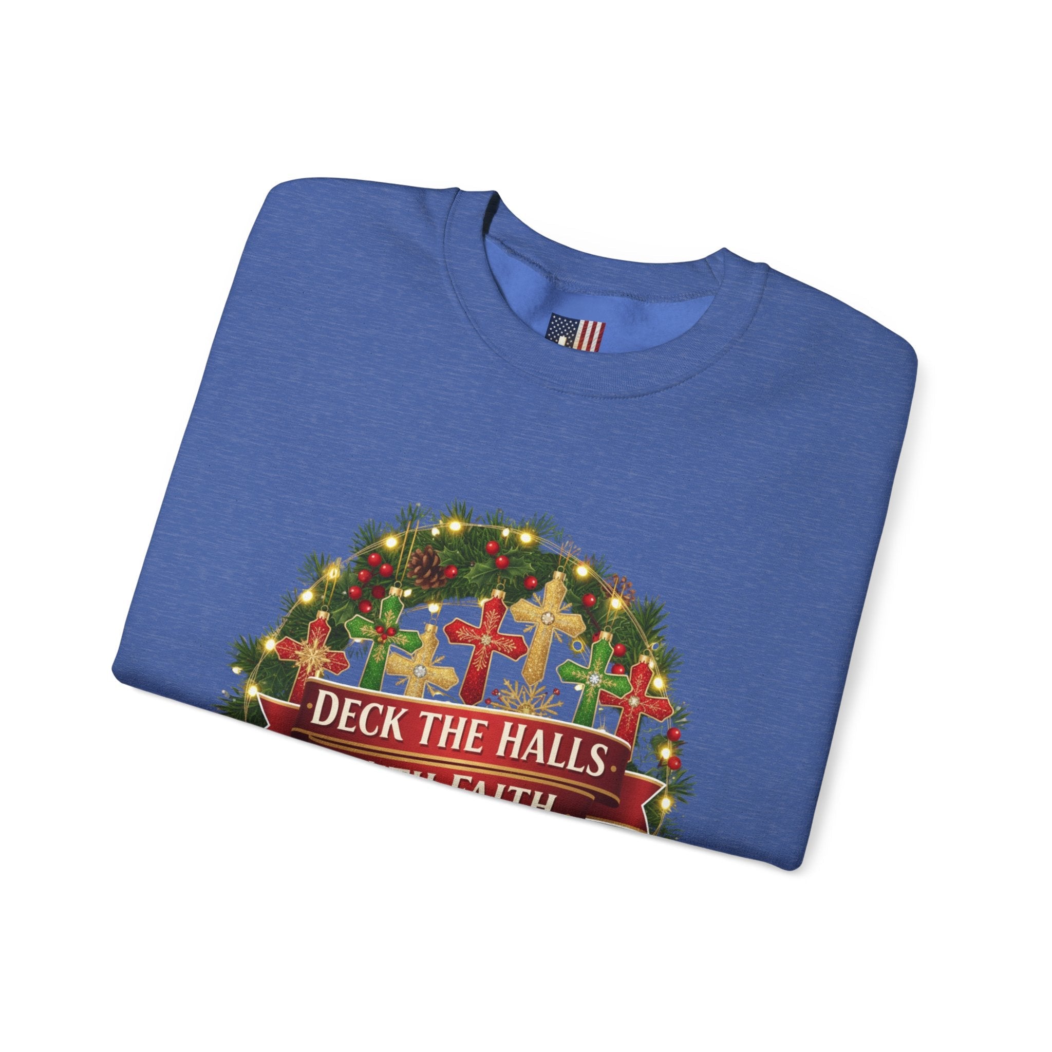 🎄 Deck the Halls with Faith – Christian Christmas Sweatshirt | Cross Ornament Design & Festive Garland | Bold Holiday Faith Tee by Uplifted Gear Printify