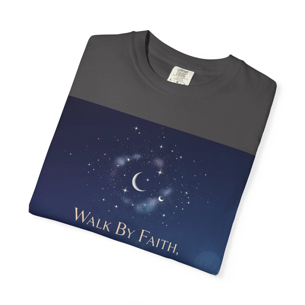 Walk by Faith, Not by Sight T-Shirt – Footprints in the Sand Christian Moonlit Tee Printify
