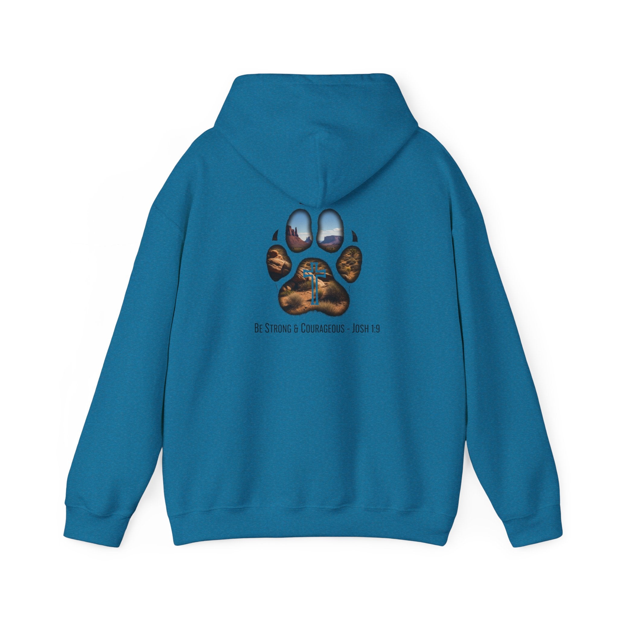 Strong and Courageous Hoodie – Joshua 1:9 Canine Pawprint Desert Christian Hoodie for Dog Lovers Printify