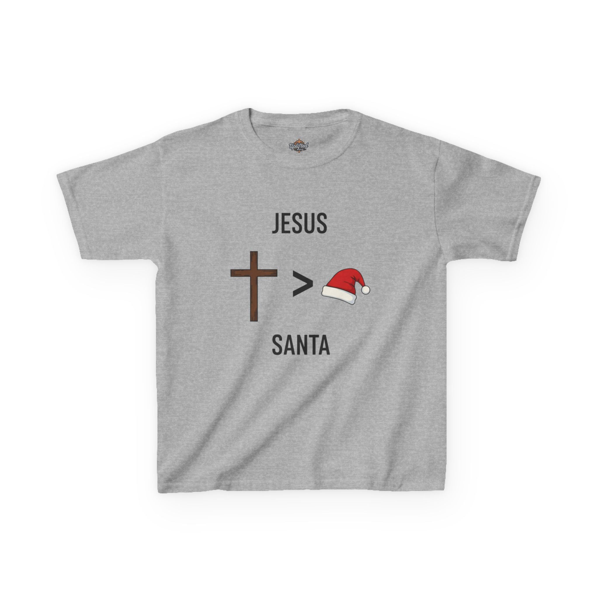 🎄 Jesus > Santa – Minimalist Christian Christmas Kids T-Shirt | Bold Faith Over Holiday Tee | Cross vs Santa Hat Design | Uplifted Gear Printify