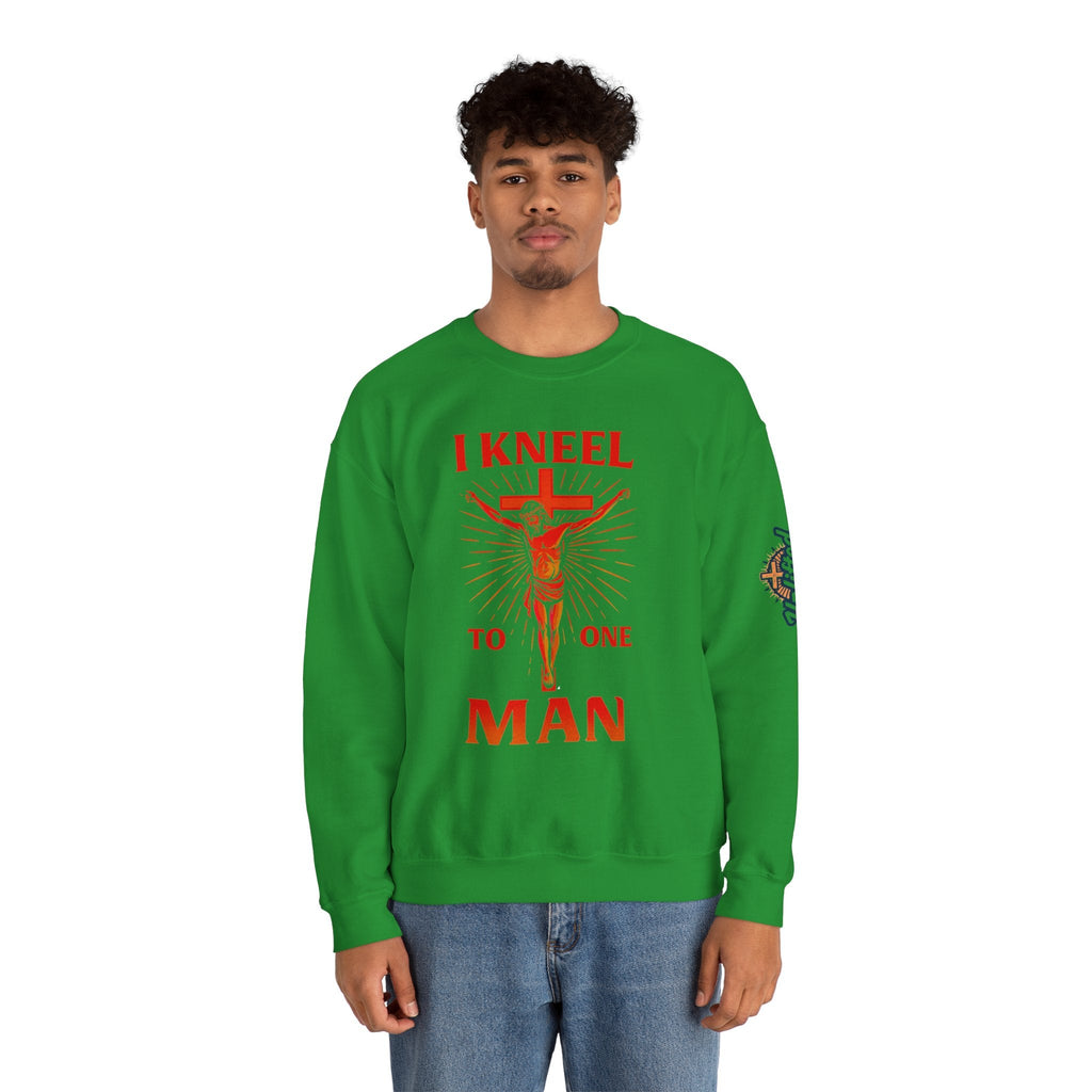 I Kneel to One Man Sweatshirt – Crucifixion Christian Sweatshirt for Unashamed Devotion & Bold Faith Printify