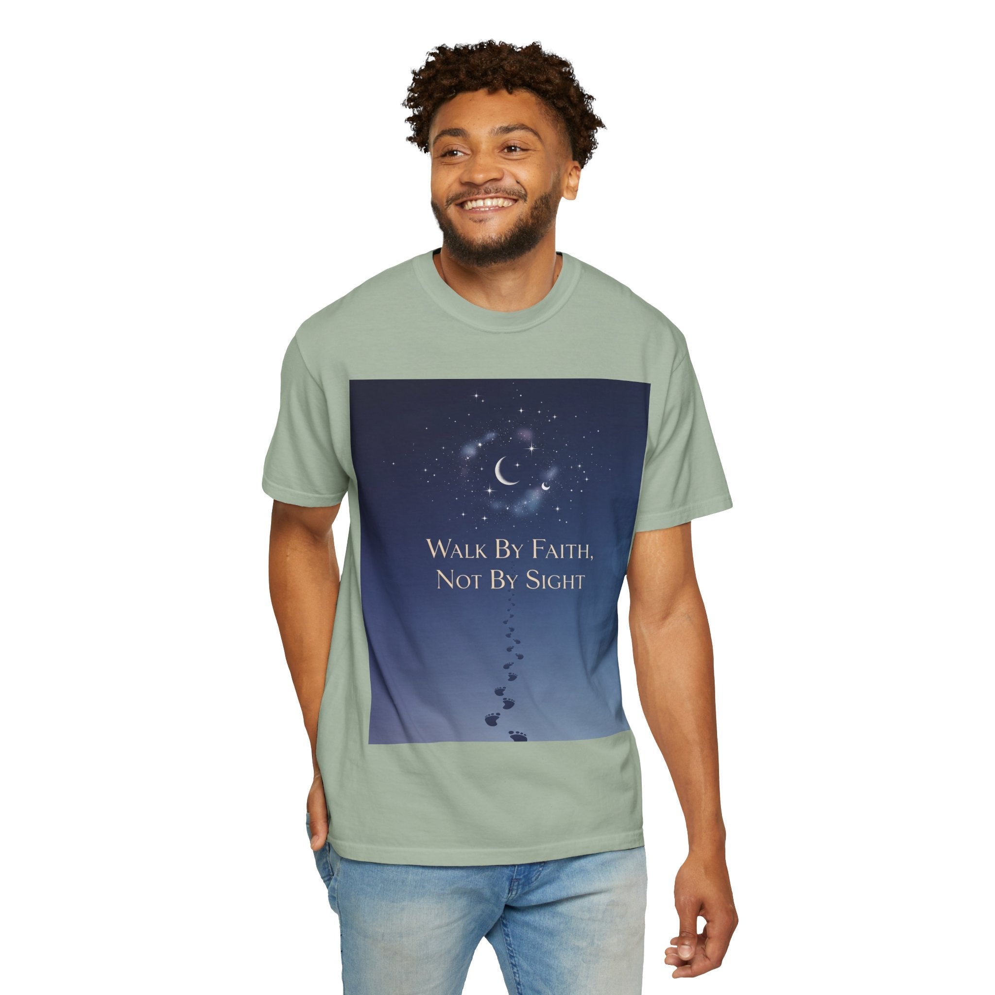 Walk by Faith, Not by Sight T-Shirt – Footprints in the Sand Christian Moonlit Tee Printify