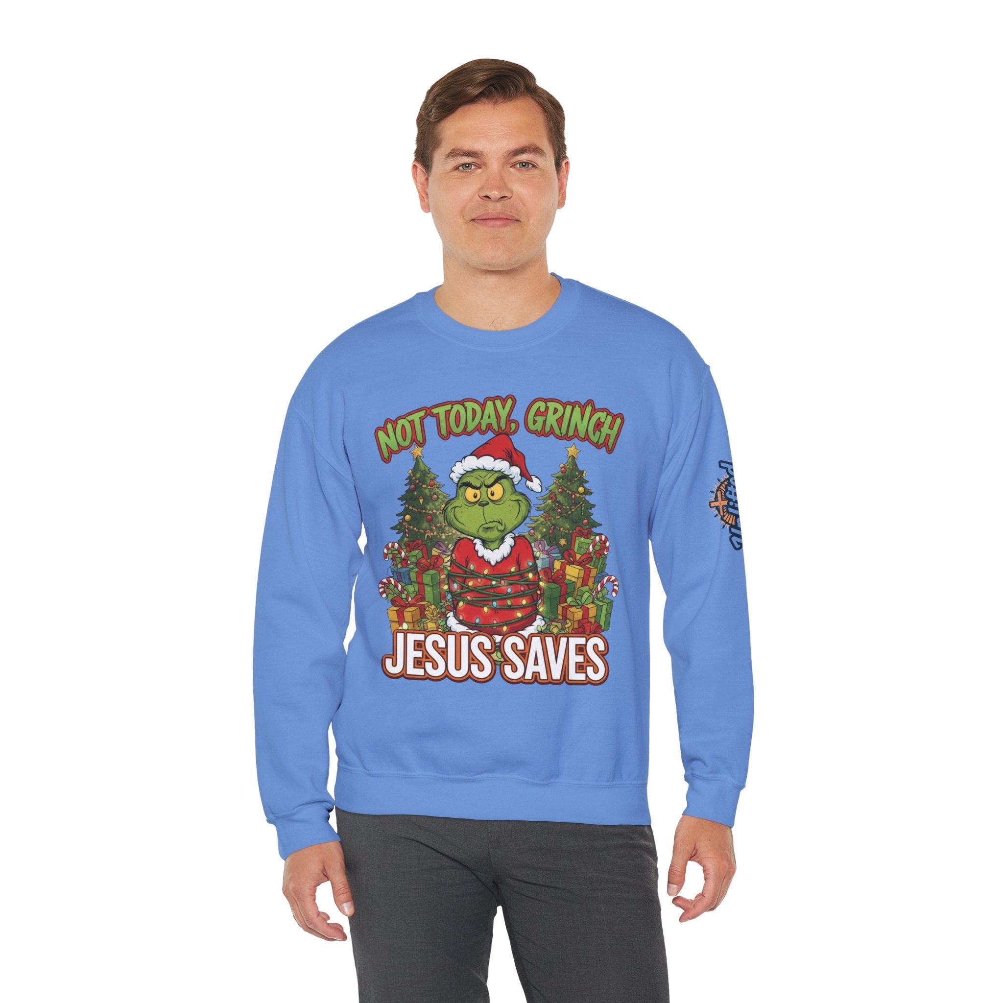 🎄 Not Today, Grinch – Jesus Saves | Funny Christian Christmas Sweatshirt | Sulking Grinch & Glowing Cross | Bold Neon Faith Tee by Uplifted Gear Printify