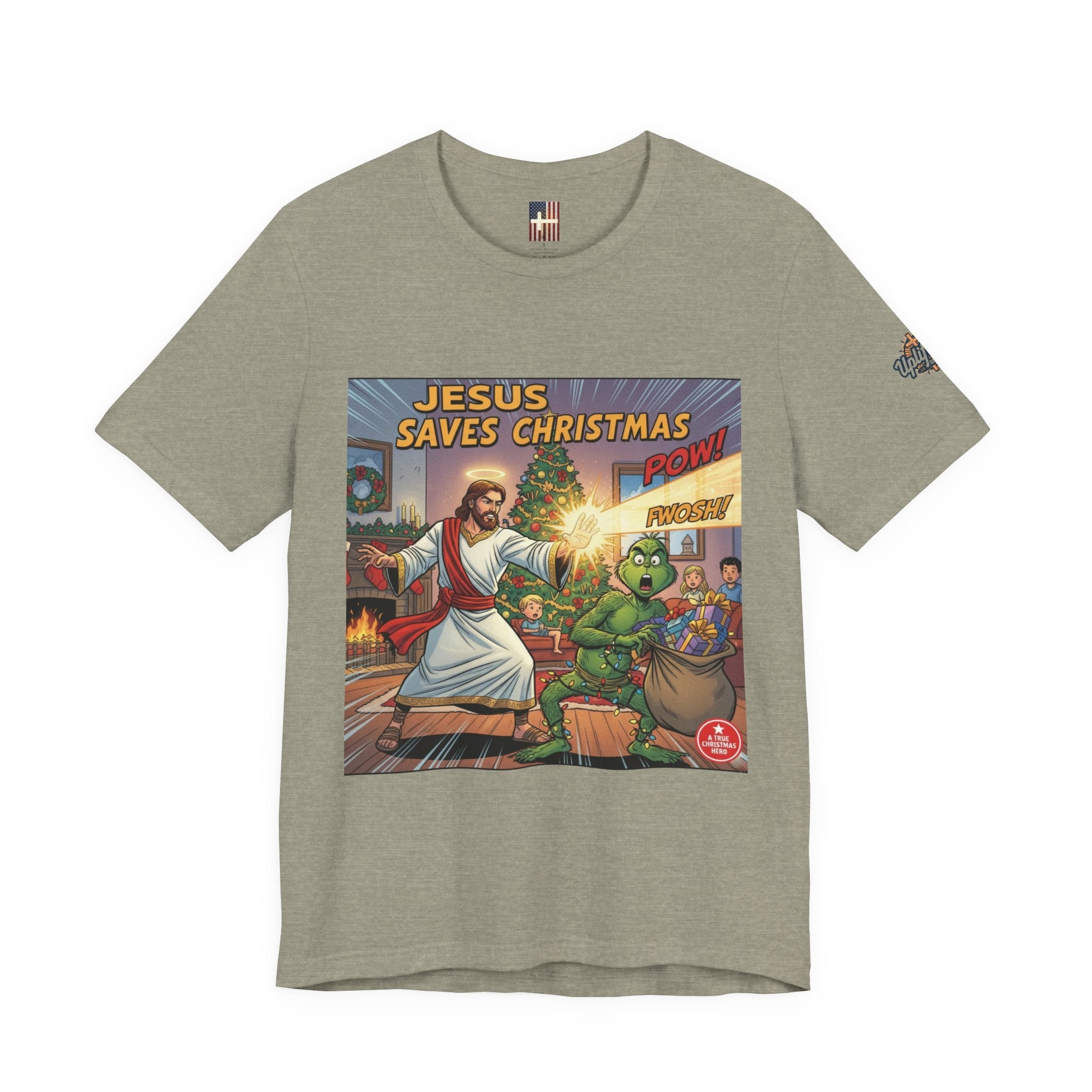 Jesus Saves Christmas T-shirt – Grinch vs Savior Light Battle Christian T-shirt for Hilarious Holiday Faith & True Joy Printify