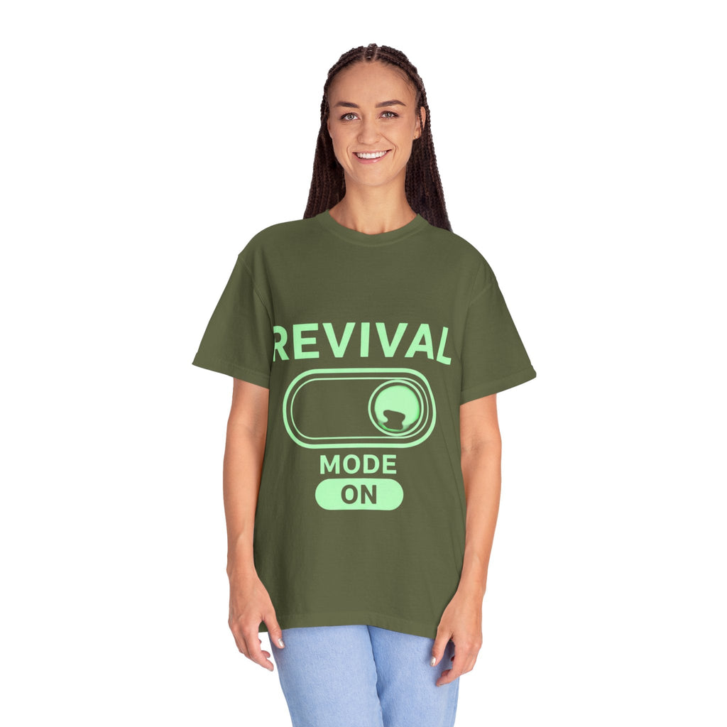 🔥 Revival Mode: ON – Christian Techwear T-Shirt | Glowing Green Faith Switch | Futuristic Jesus Shirt | Activate Your Spiritual Awakening | Uplifted Gear Printify
