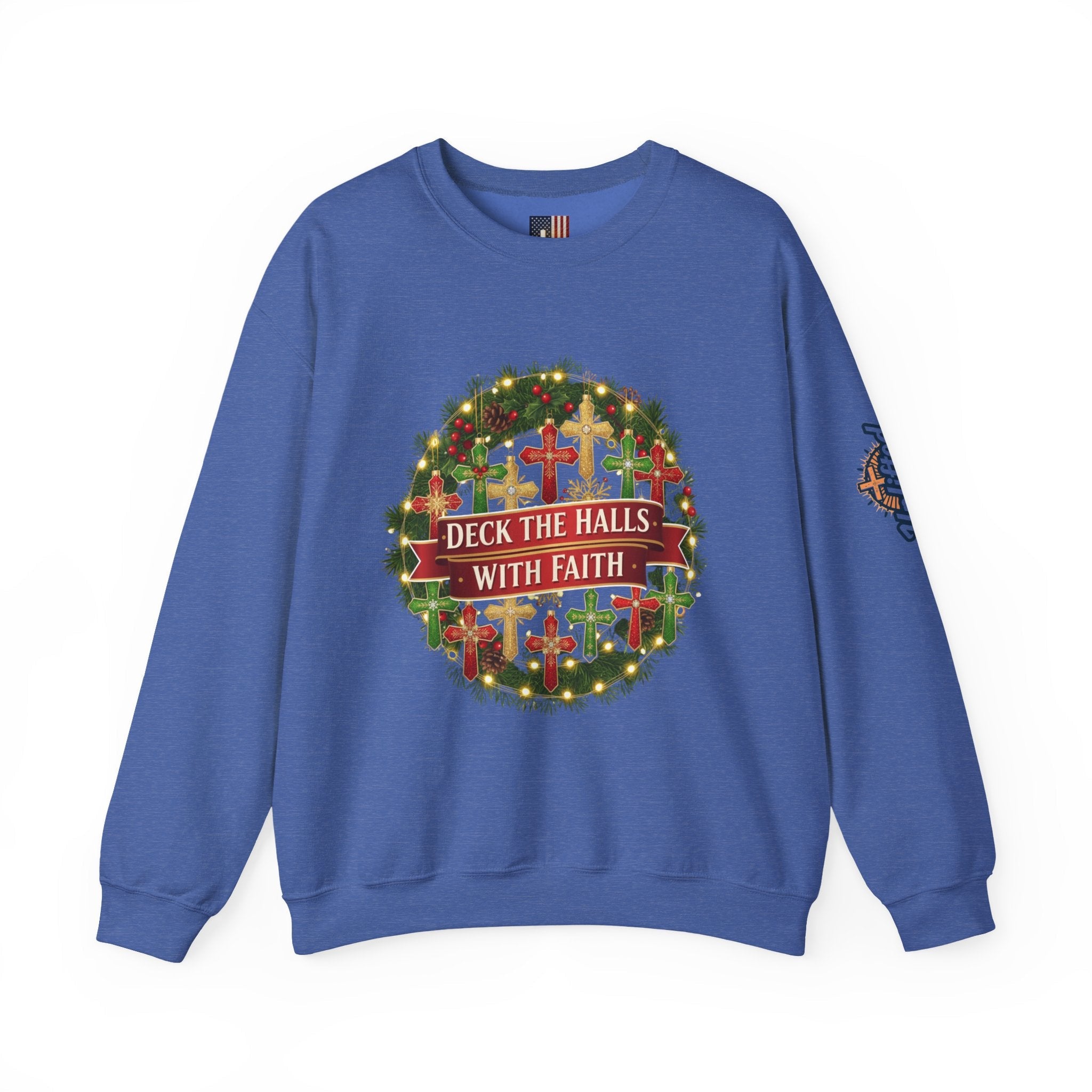 🎄 Deck the Halls with Faith – Christian Christmas Sweatshirt | Cross Ornament Design & Festive Garland | Bold Holiday Faith Tee by Uplifted Gear Printify