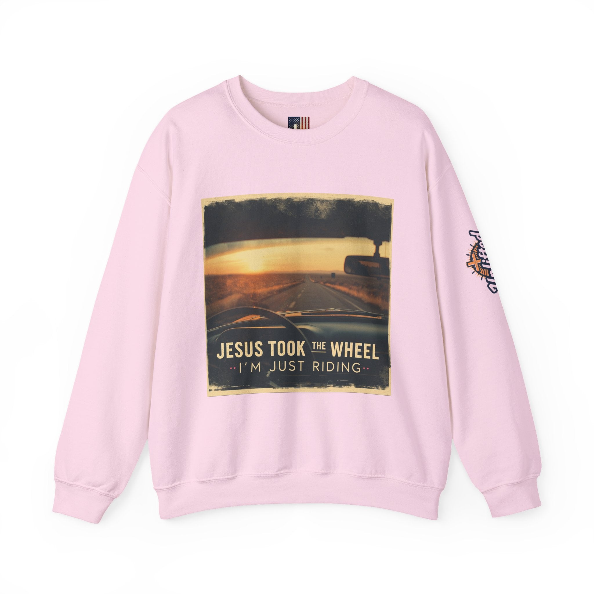 Jesus Took the Wheel I'm Just Riding Sweatshirt – Funny Christian Convertible Car Sweatshirt for Surrendered Faith & Humor Printify