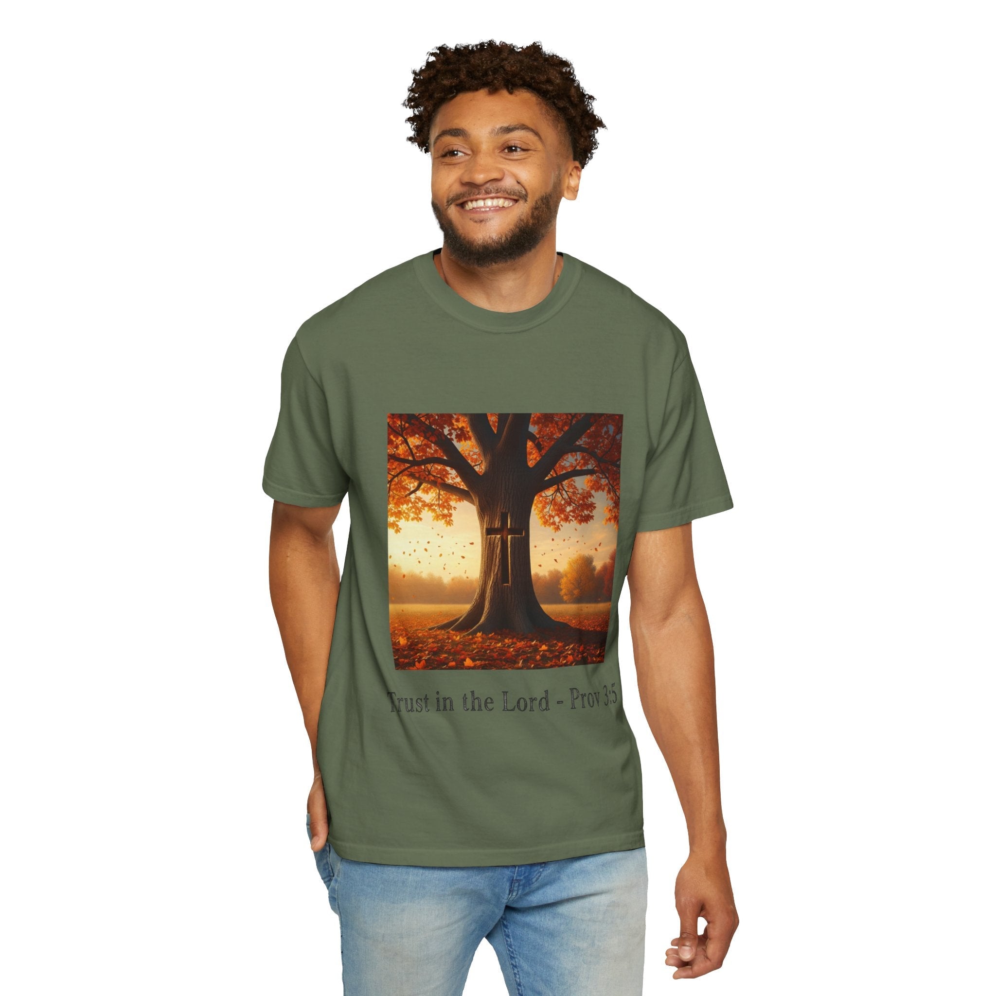 Trust in the Lord T-Shirt – Autumn Tree Christian Tee with Proverbs 3:5 Printify