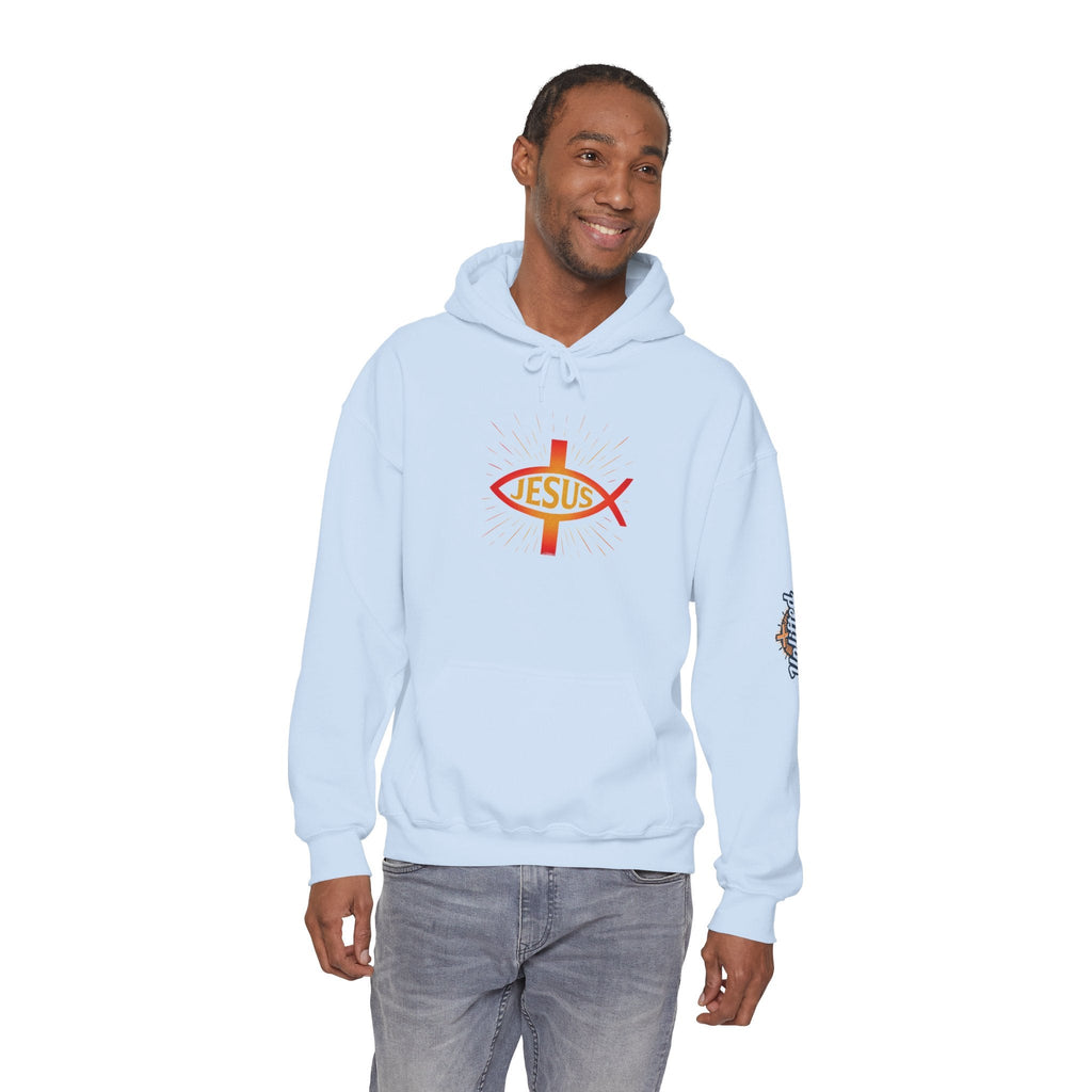 Jesus Ichthys Hoodie – Christian Fish Symbol with Cross & Jesus Inscription Sweatshirt for Eternal Faith & Streetwear Printify